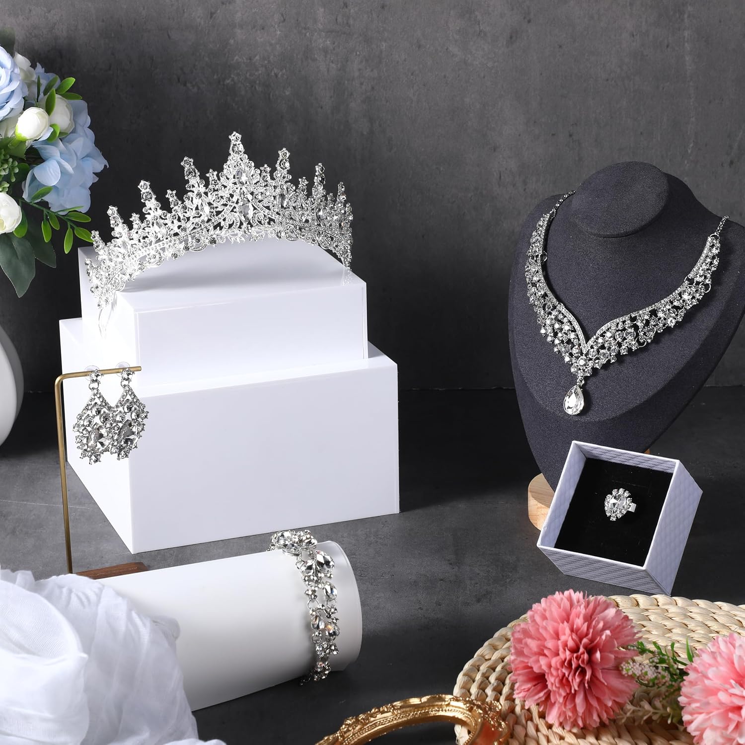 Tondiamo 6 Pcs Crystal Wedding Bridal Jewelry Set for Women include Tiaras, Crowns, Tiaras Earrings Necklace, Bracelet and Rind, Brides Wedding Party Costume Accessories Gifts