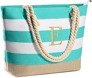 YOOLIFE Initial Canvas Waterproof Beach Tote Bag Zipper Personalized Gifts for Women Her Birthday Travel Beach Essential