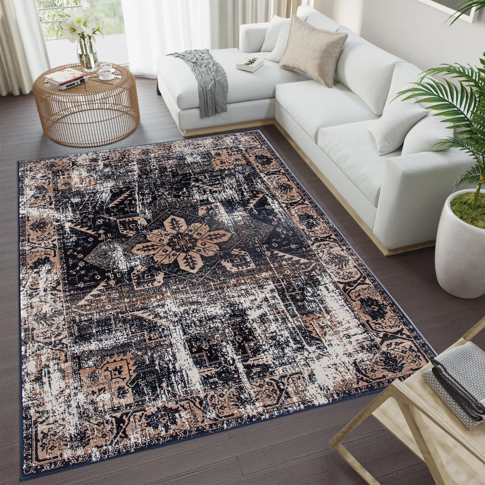 renoazul® Oriental Large Rug For Living Room With Jute Backing - Wello 200 x 290 cm Navy - Hand Washable Carpets For Bedrooms, Sitting Room and Lounge Rug — image 1