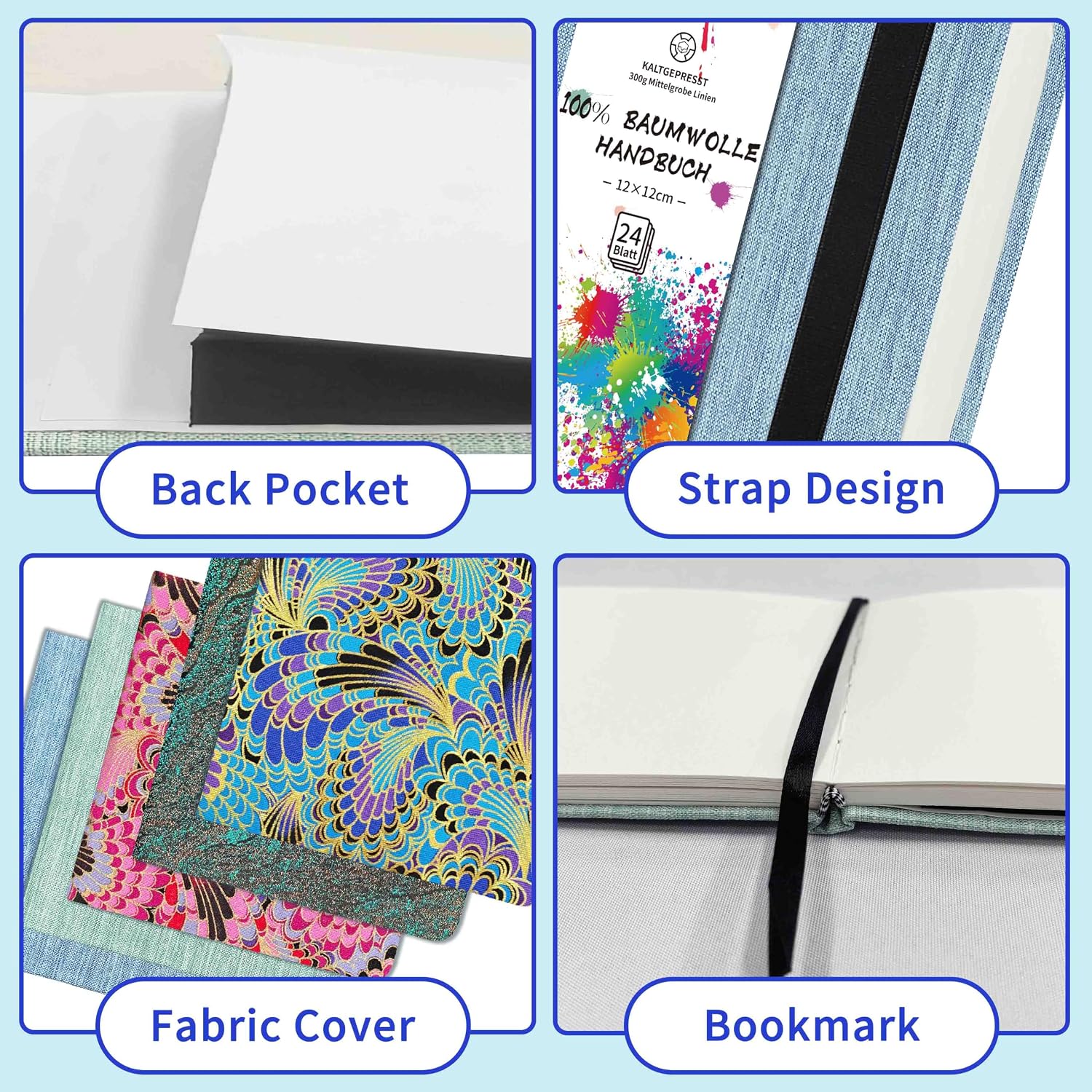 Mlife Square Watercolor Sketchbook,100% Cotton,300gsm/140lb,Acid-Free,Watercolor Journal for Artists Adults Students,4.7 * 4.7 Inches(Blue Feather)