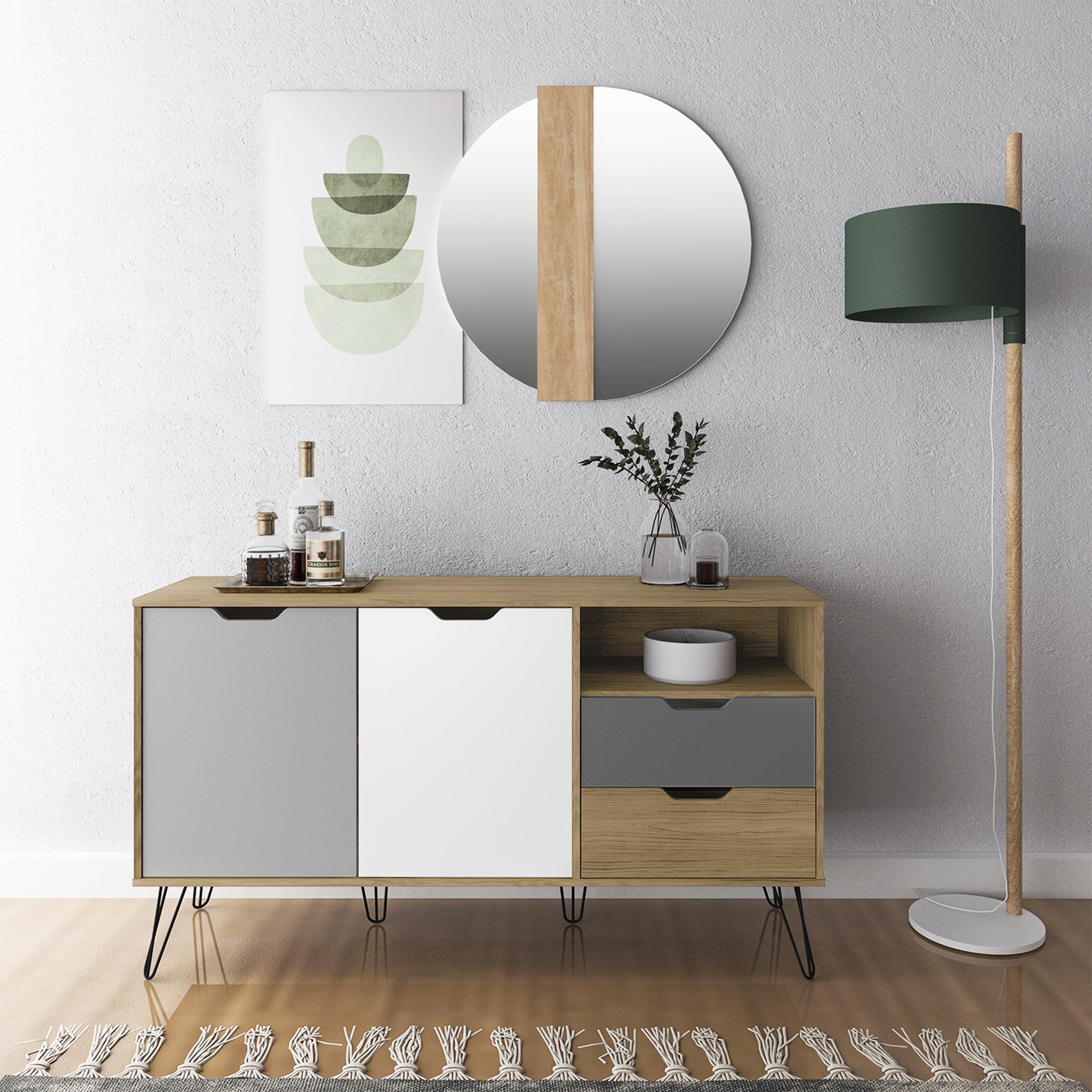 MOMMA HOME Aparador, Buffet, Salón Comedor 2 Puertas y 2 cajones, Modelo Estocolmo, Acabado en Roble, Blanco, Gris Oscuro y Claro Medidas: 140 cm (Ancho) x 40 cm (Fondo) x 65 cm (Alto)