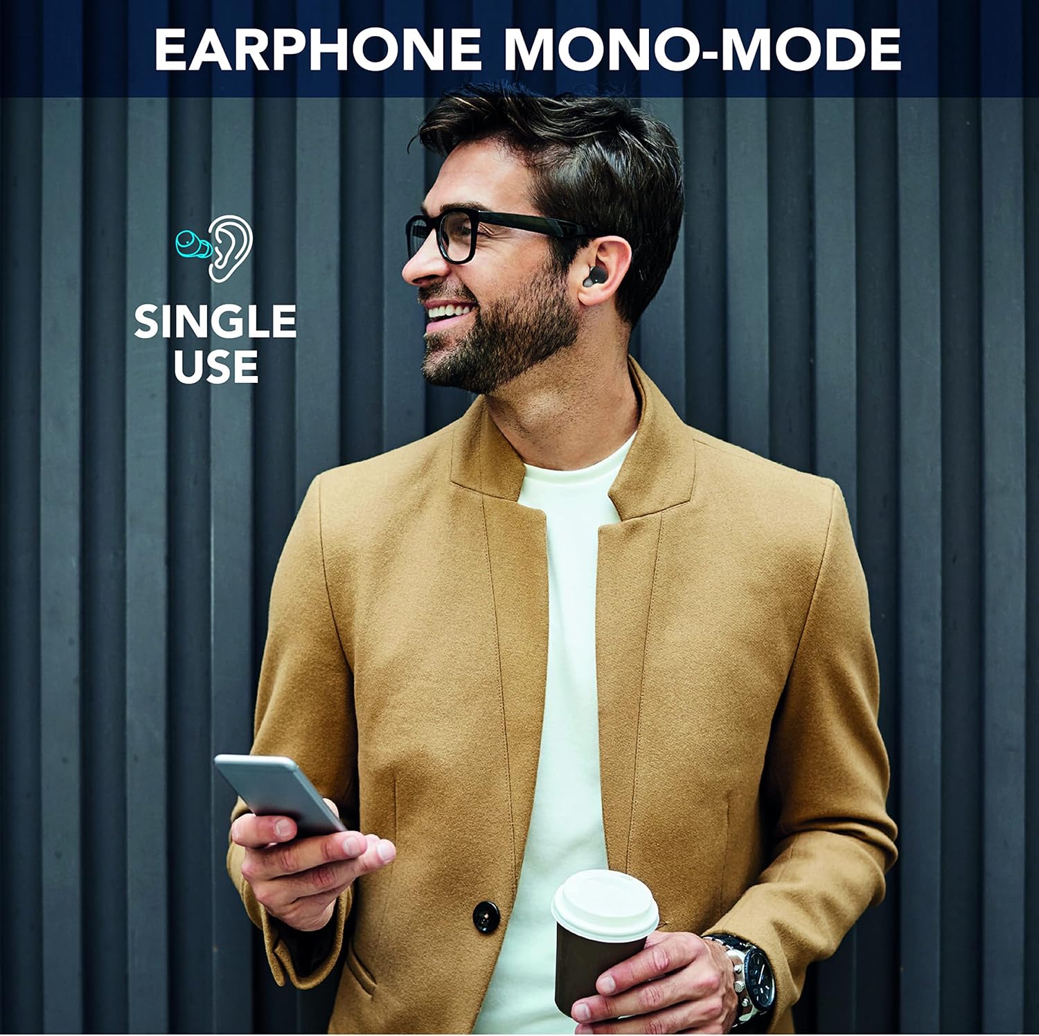 Man using a single Cellularline Wink earbud in mono mode