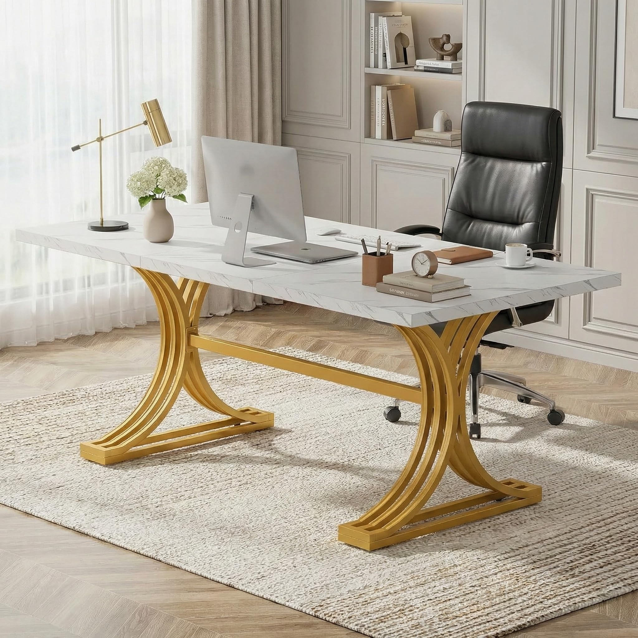 Lailang 160cm Escritorio, Mesa Escritorio Industrial, Mesa Ordenador E Impresora, Escritorio Roble, Mesa Comedor de 160 x 80 x 80 Cm, Mesa Oficina Grande, 160 x 80 x 75 cm, Blanco Y Oro