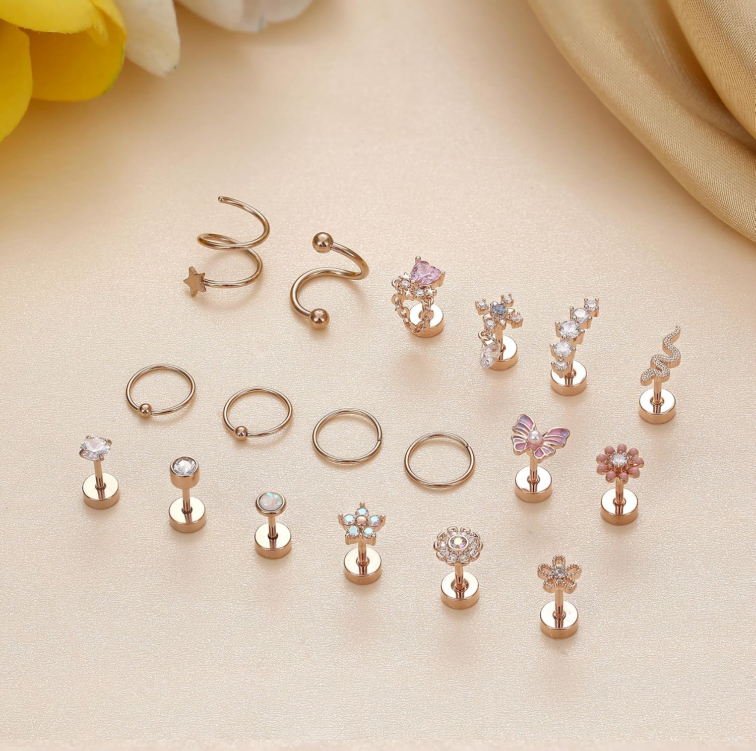 LOYALLOOK 18PCS Cartilage Earring Stud for Women Surgical Steel Flat Back Earrings Couch Hoop Piercing Opal Flower Sanke Helix Tragus Piercing CZ Cartilage Earring Piercing