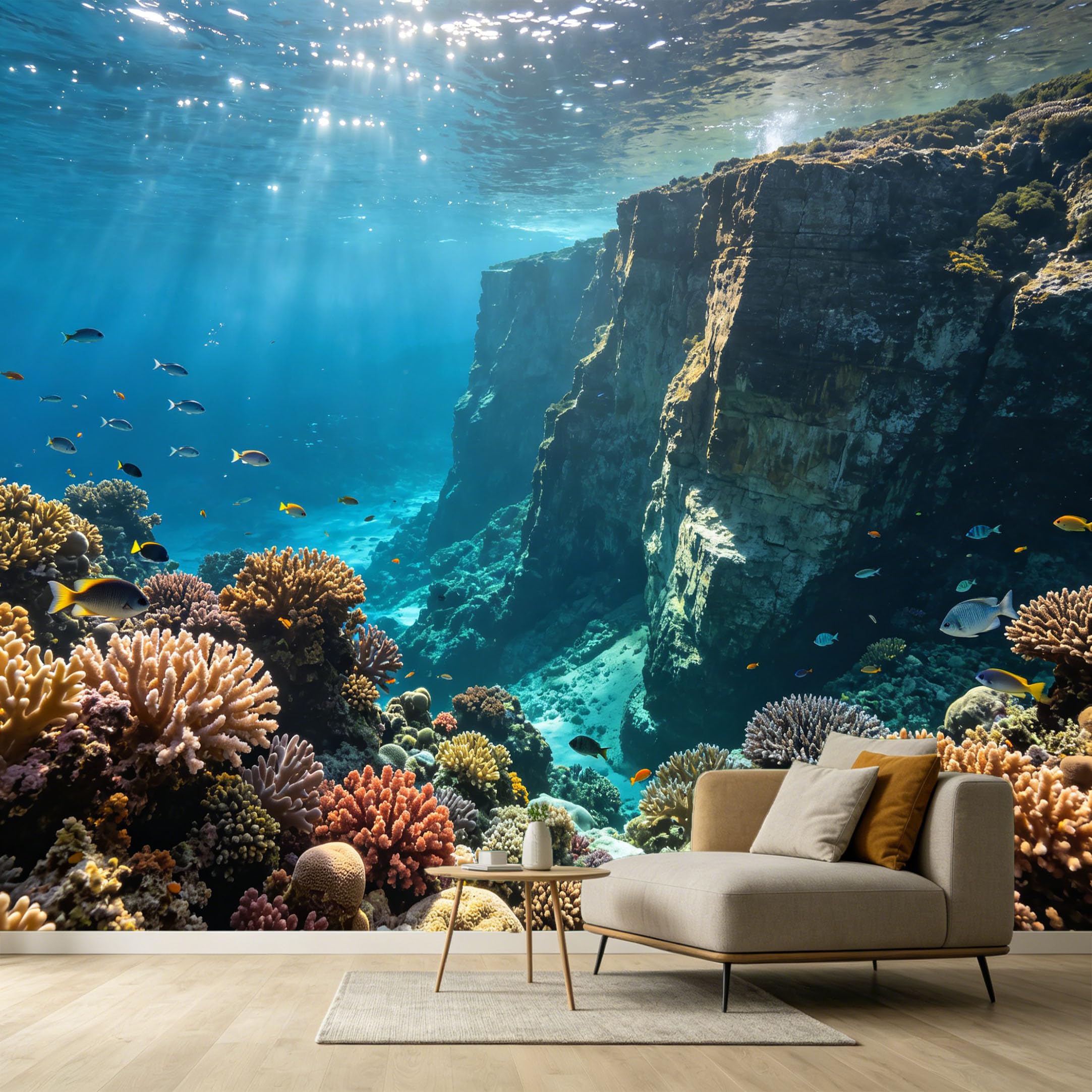 Custom Size Wall Murals Ocean Marine Tropical Coral Reef Underwater Sunlight Cliff SelfAdhesive Wall Fabric Removable Large Wallpaper for Photo Living Room