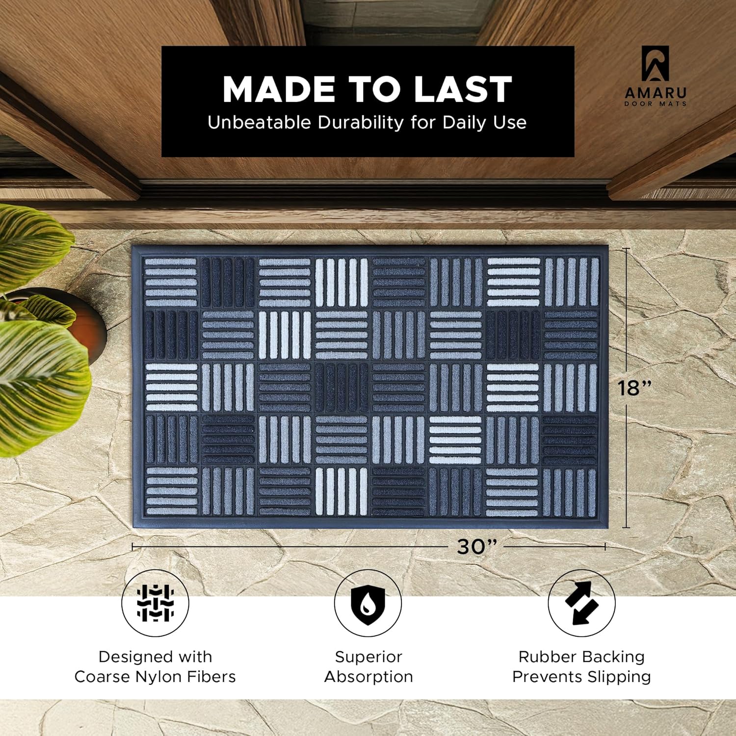 extra durable, superior absorption, front door mat for outdoor & indoor - welcome mat for entryway, entrance, patio, porch - waterproof, non-slip backing, coarse fibers (squares black/white,18x30)