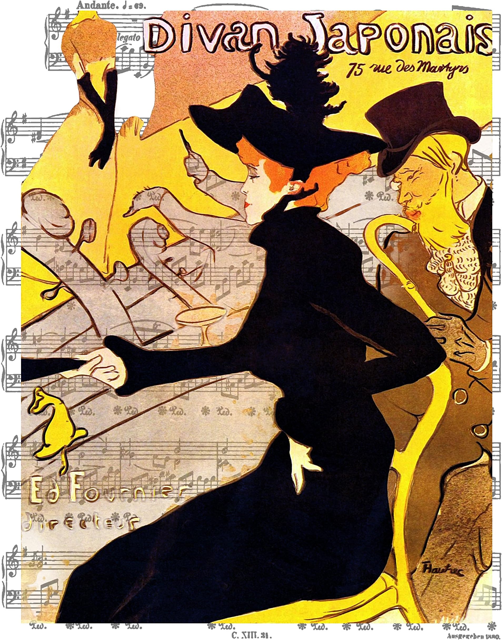 8x10 Toulouse Lautrec,"Divan Japonais" Poster, Fine Art Print, Overlaid on Sheet Music Artwork. Size 8x10 Inches (TLTDivaJa810)