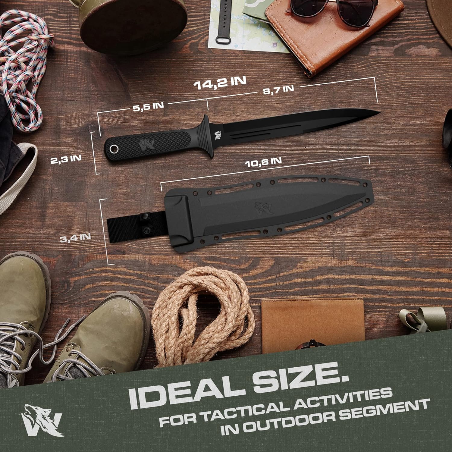 ODENWOLF W-Catcher Fixed Blade Knife with Sheath - Large Hunting-Knife made of D2 steel - Big Fixed Blade Knives with Non-Slip TPE Handle - Full Tang Survivalknife for Outdoor Activities
