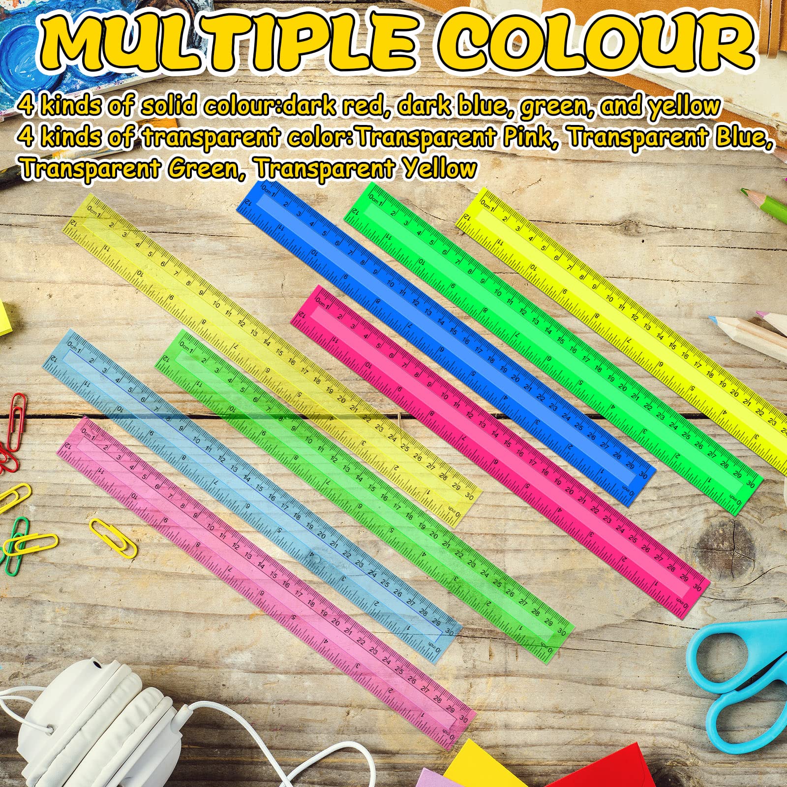 Harloon 480 Stück klare Farbe Kunststoff-Lineal Bulk gerade Lineale mit Zentimetern Zoll 8 Farben transparent flexibel Lineal für Kinder Schüler zurück zur Schule Klassenzimmer Home Office Supplies