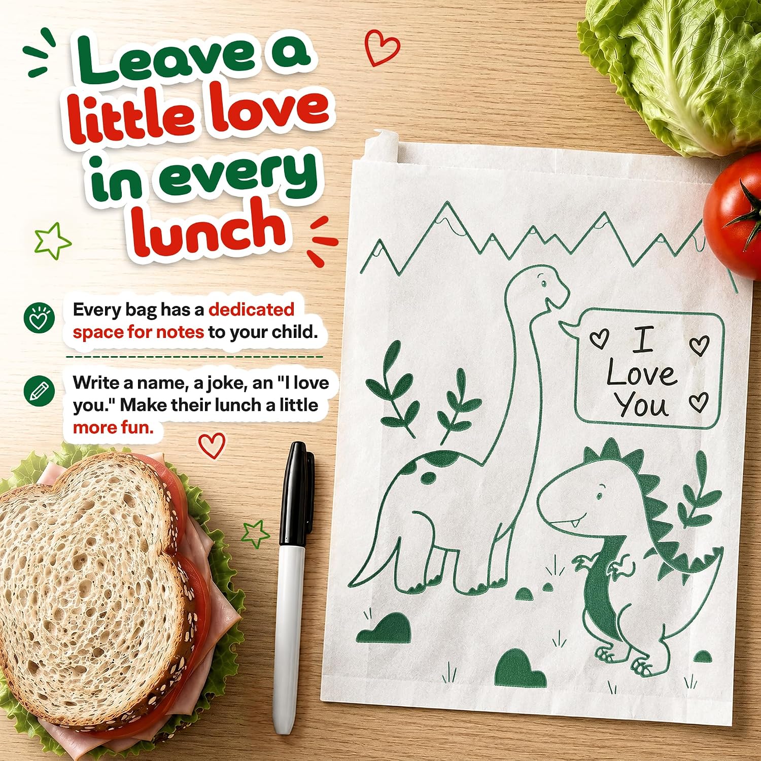 Stock Your Home Paper Sandwich Bags, 200 Count Paper Snack Bags | Lunch Essentials, Grease-Resistant Sandwich Paper Bags For Snacks, Baked Goods, Sandwiches, Dinosaur Friends Design