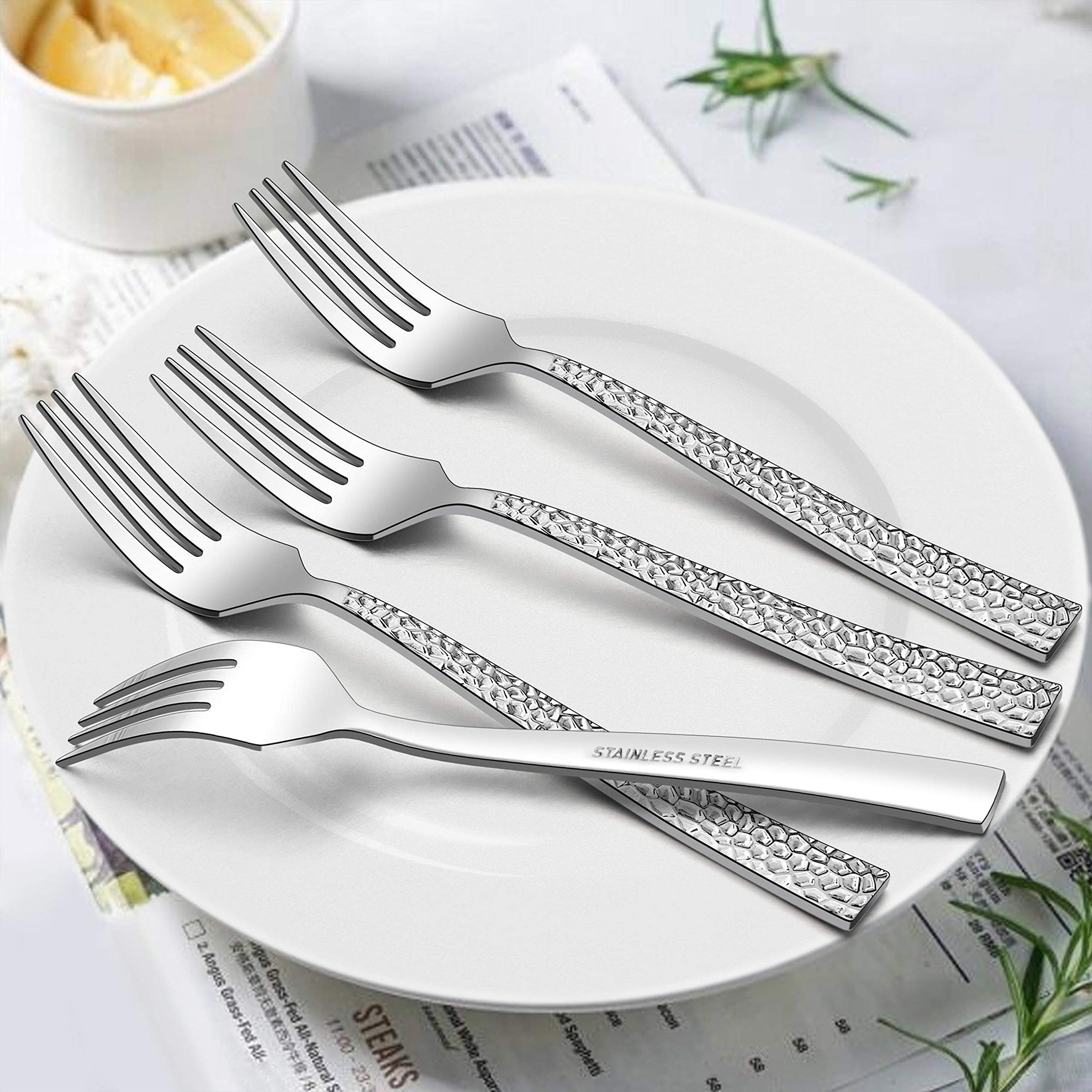 LIANYU Besteck-Set für 8 Personen, gehämmertes Besteck-Set für 8 Personen, 48-teiliges Besteck-Set plus extra Gabeln, Edelstahl, gehämmert, quadratisch, Besteck-Set für 8 Personen, ausgefallene