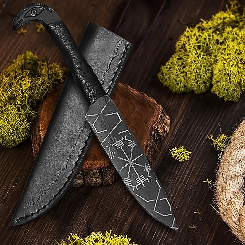Miniatura 4 de Wazir Crafts Cuchillo de estilo vikingo hecho a mano de 10 pulgadas, mango de cabeza de cuervo de Odín, hoja de acero de alto carbono de espiga