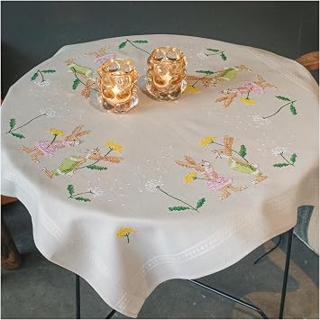 Vervaco Tablecloth for Embroidery Cross Stitch Complete Embroidery Printed Fabric Easter Bunnies Decoration for Crafts DIY Adults Set Creative Leisure Gift Approx. 80 x 80 cm Cross Stitch Embroidery