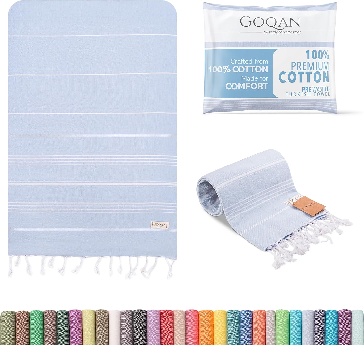 GOQAN Turkish Beach Towel Oversized 39×71 | Thin, Lightweight, 100% Cotton and Sand Free Towel is Suitable for Beach, Bathroom, Pool, Travel & Swim | Odor Free Thxto Quick Dry Property – Light Blue