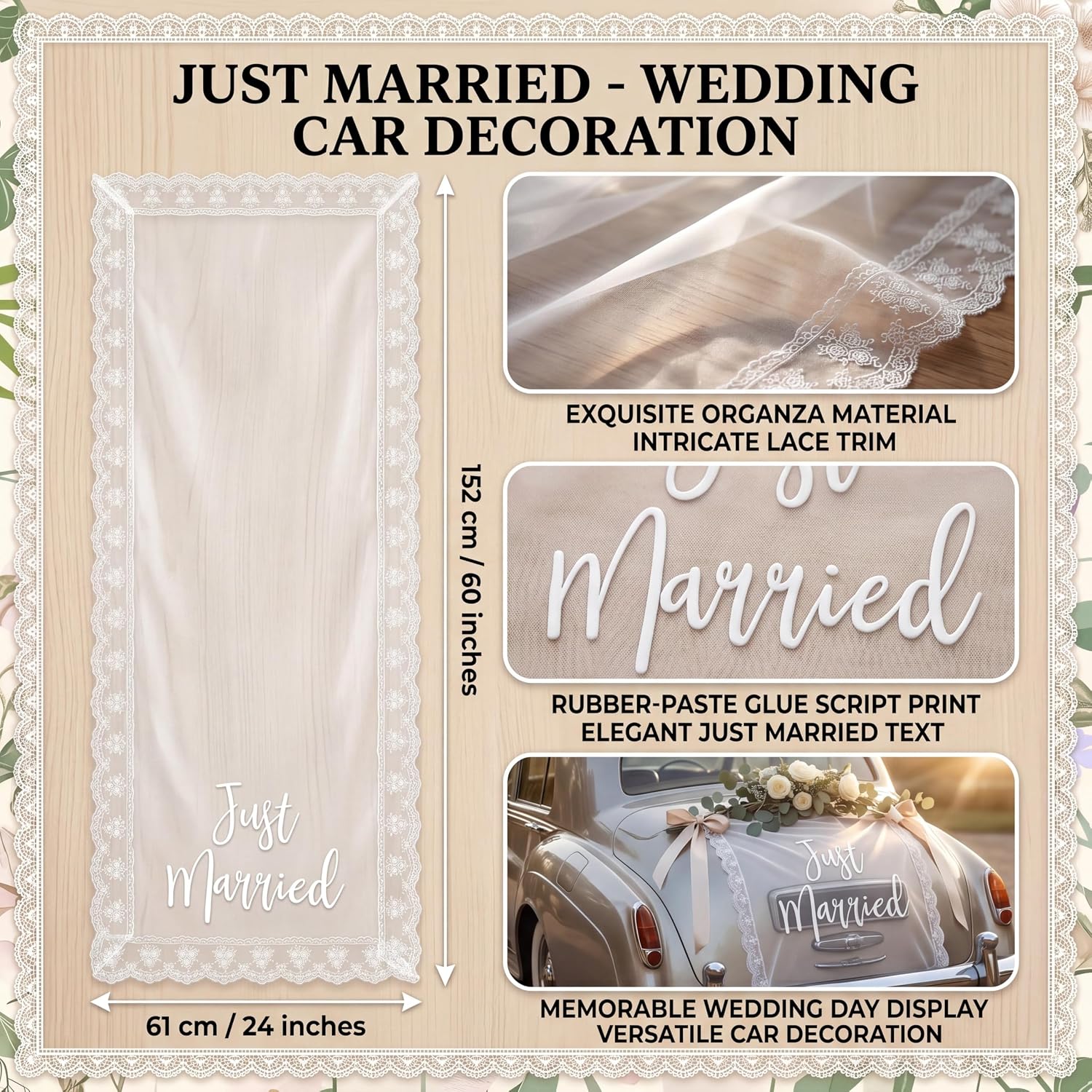 HunnmingRe Just Married Lace Sign for Wedding Car Banner Decorations 24 x 60 Inch Just Married Banner for Car Wedding Table Runner for Bridal Ceremony Party Decorative Supplies
