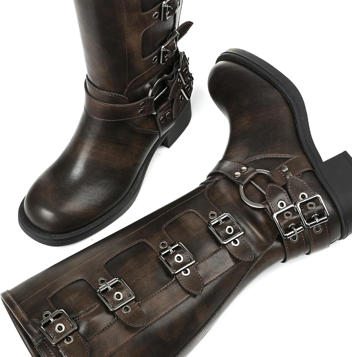 AMINUGAL Knee High Boots Women Square Toe Pull On Wide Calf Riding Fashion Buckles Chunky Metallic Casual Vintage Buckle Rivet - Image 4
