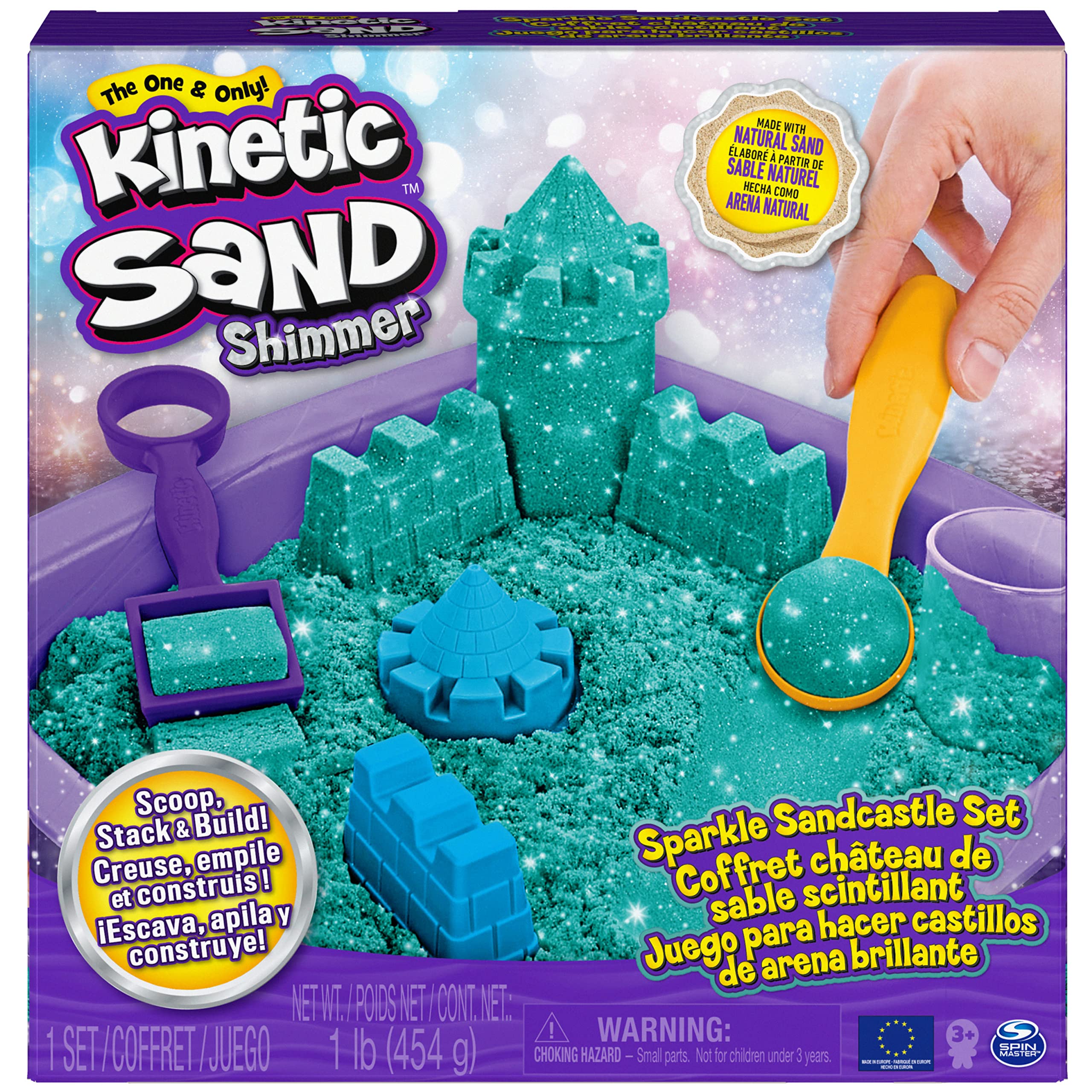 Kinetic Sand |Zamek Shimmer Sand | Piasek kinetyczny 454gr | Magiczny piasek | Zielony Kolorowy Piasek | 3 akcesoria i tacka W zestawie | zabawki dla dzieci i dziewczynek 3 lata