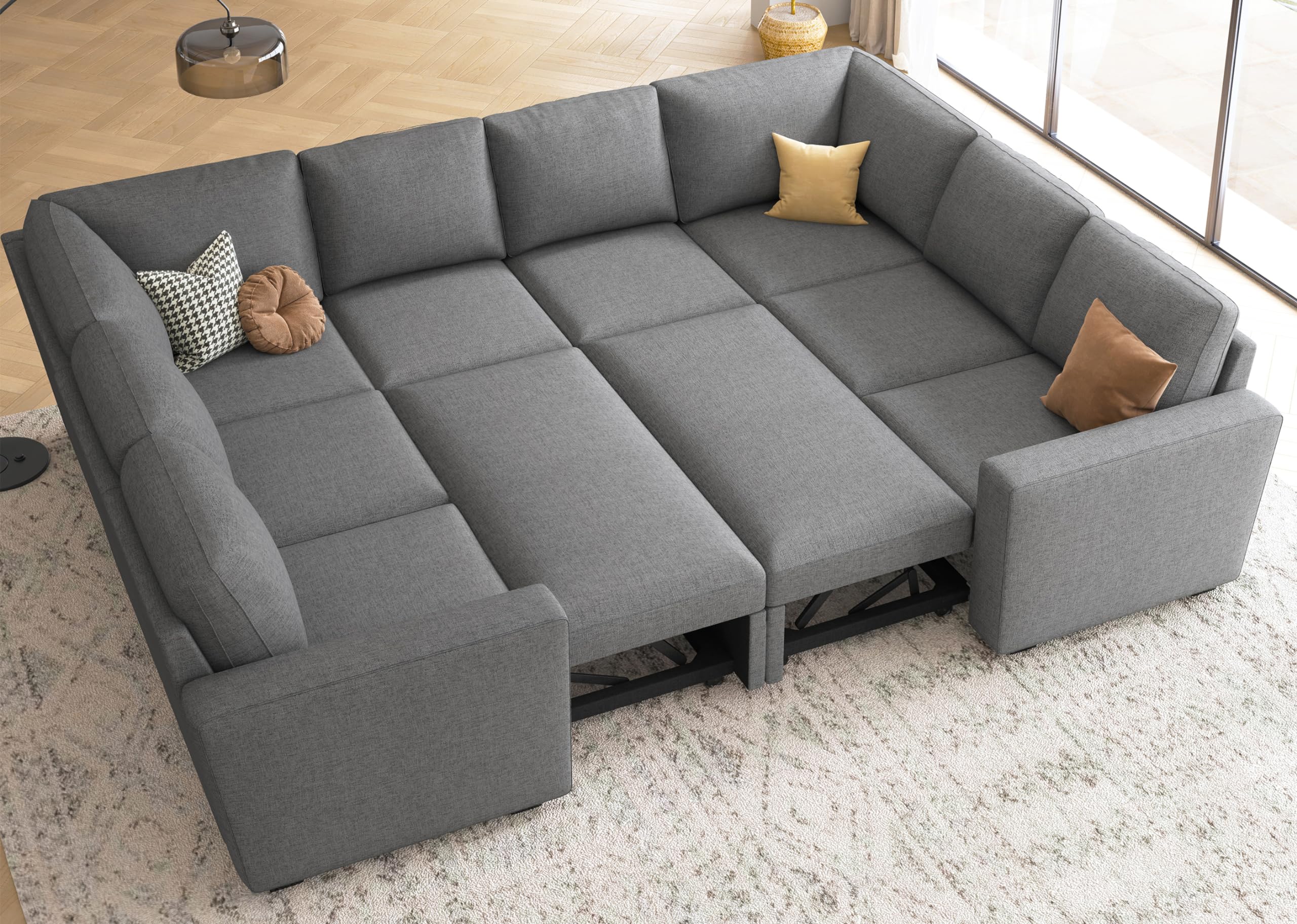 HONBAY Sleeper Sectional Couch with Pull Out Bed, Modular Sleeper Sofa with Storage, U Shaped Sectional Couches for Living Room, Dark Grey