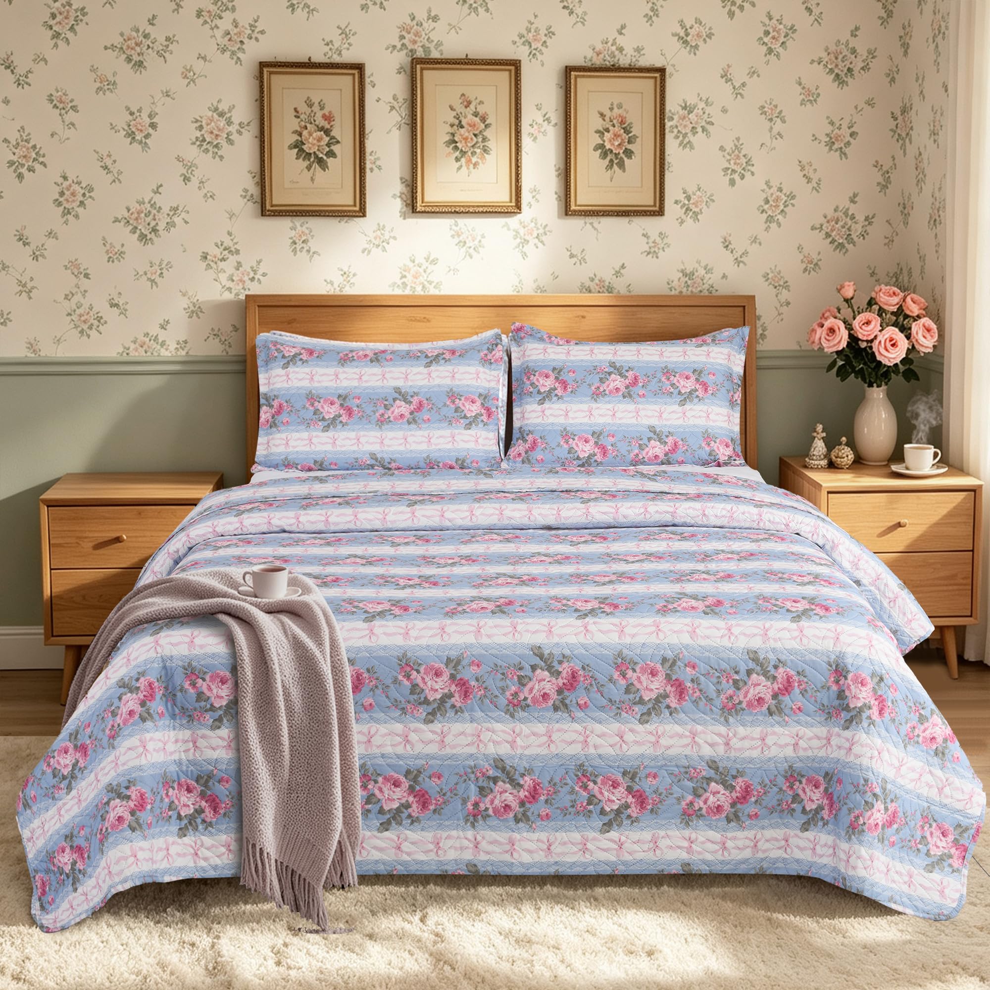Hadi London 3Pcs Patchwork Quilted Bedspreads with 2 Shams | Reversible Floral Print | Lightweight Quilt Comfort | Fits Double and King Size Beds 220x240cm | 30 Unique Designs