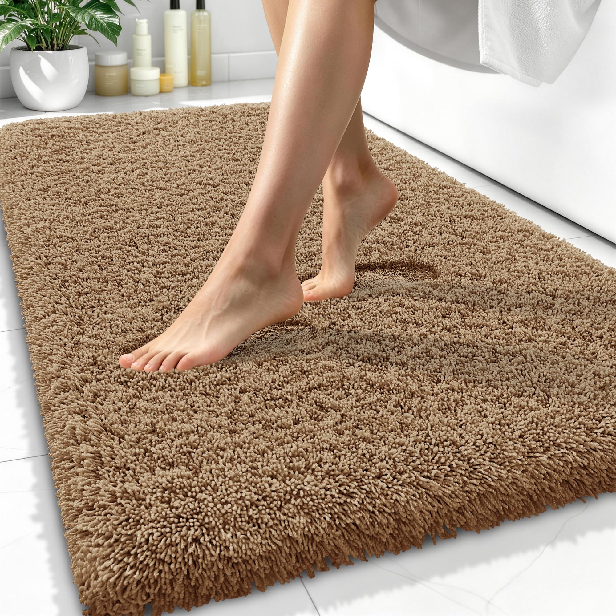 OLANLY Microfiber Bathroom Rugs 34x21, Ultra Soft Bath Mat, Dark Beige