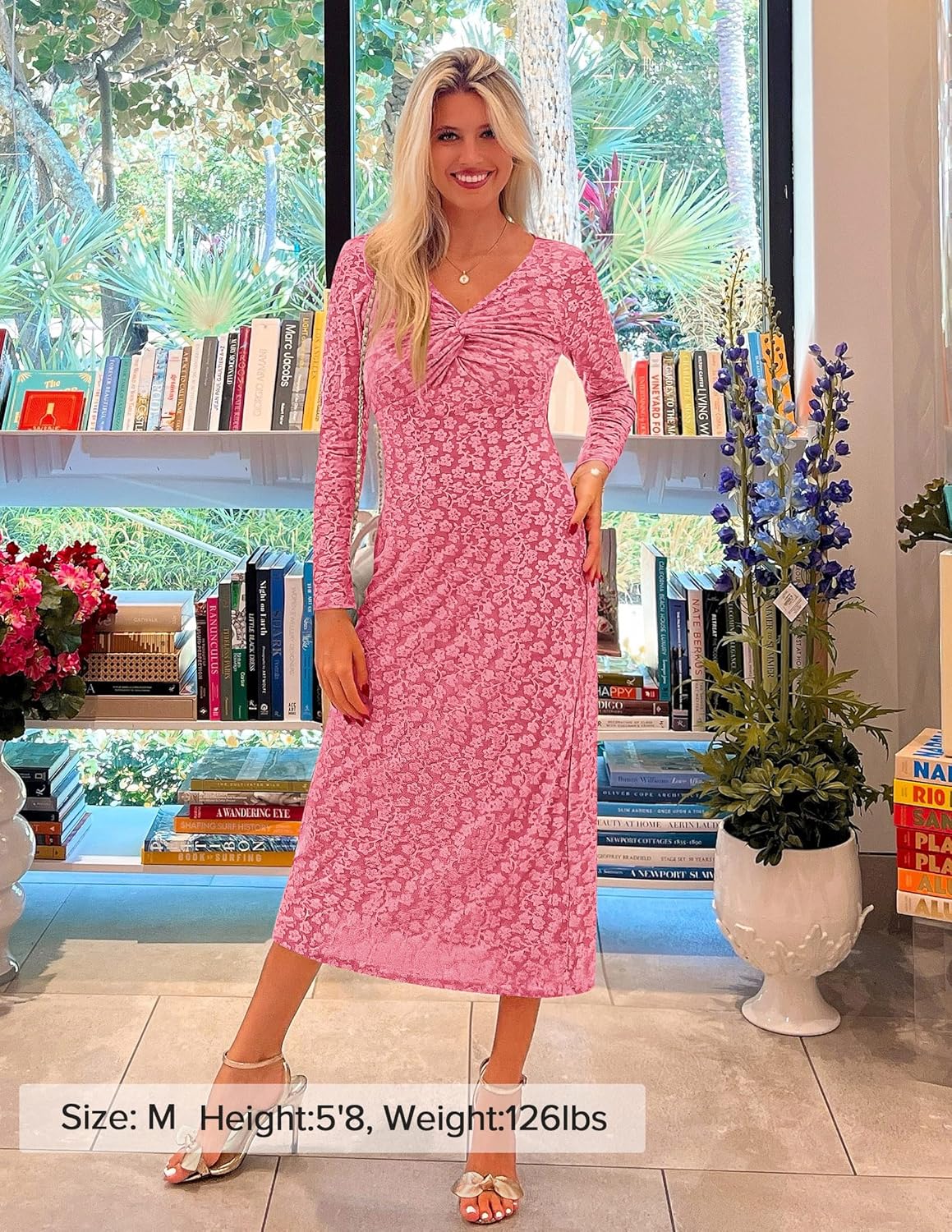 ZESICA Women's Fall Floral Long Sleeve Bodycon Dress 2026 Elegant V Neck Cocktail Party Long Midi Dresses - Image 6