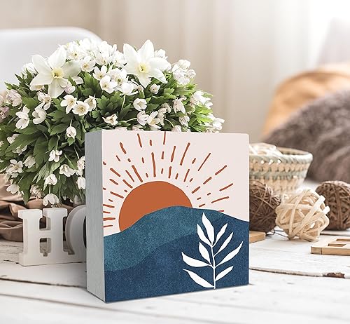 Miniatura 3 de SRADMO Caja de madera abstracta con hojas botánicas de sol y sol, sol, azul marino, montaña, caja de madera, decoración de escritorio, caja de