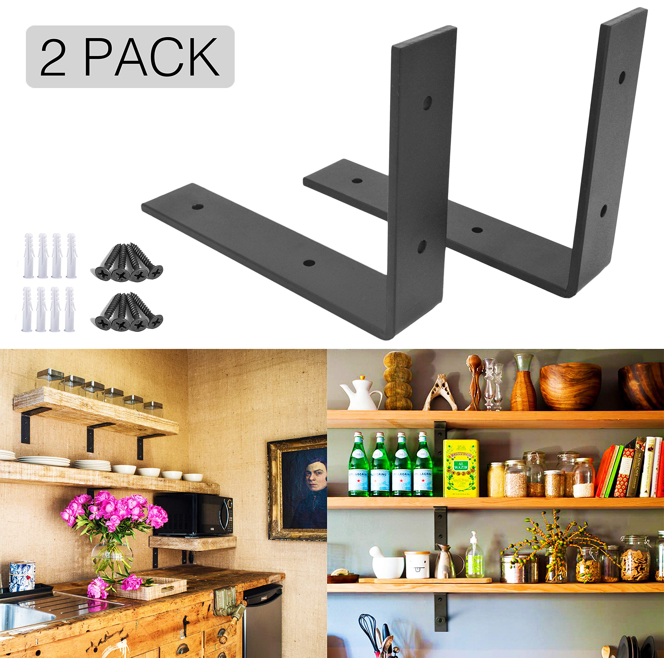 OVOV 2 Pack Iron Steel Shelf Bracket Heavy Duty Thicken L Floating Countertop Support Bracket for Wall Hanging Decorative (Black) 10"