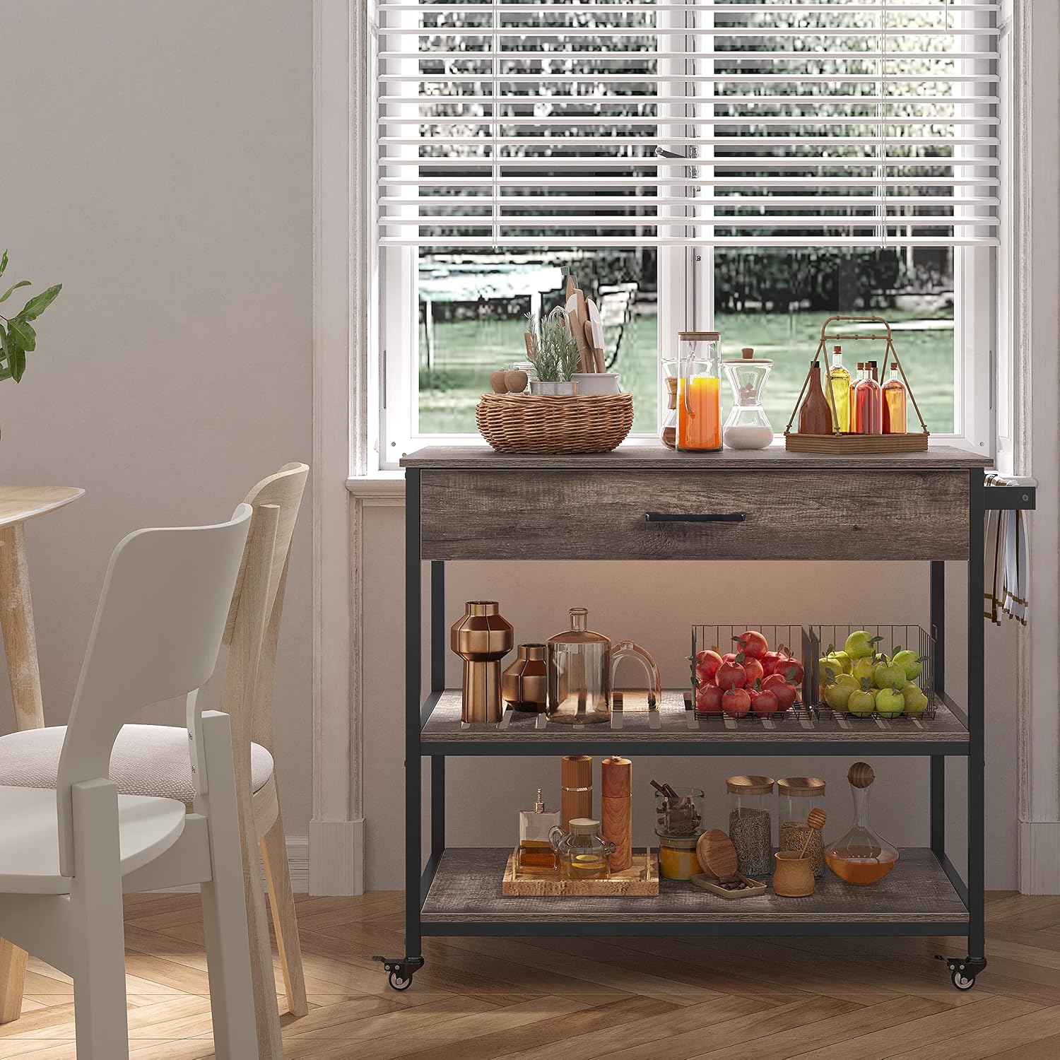 Yaheetech Kitchen Island on Wheels with Storage Drawer & Shelves, 3-Tier Utility Kitchen Cart with Towel Rack & Lockable Wheels for Dining Room, 40 x 20 x 36.5 inches, Taupe Wood