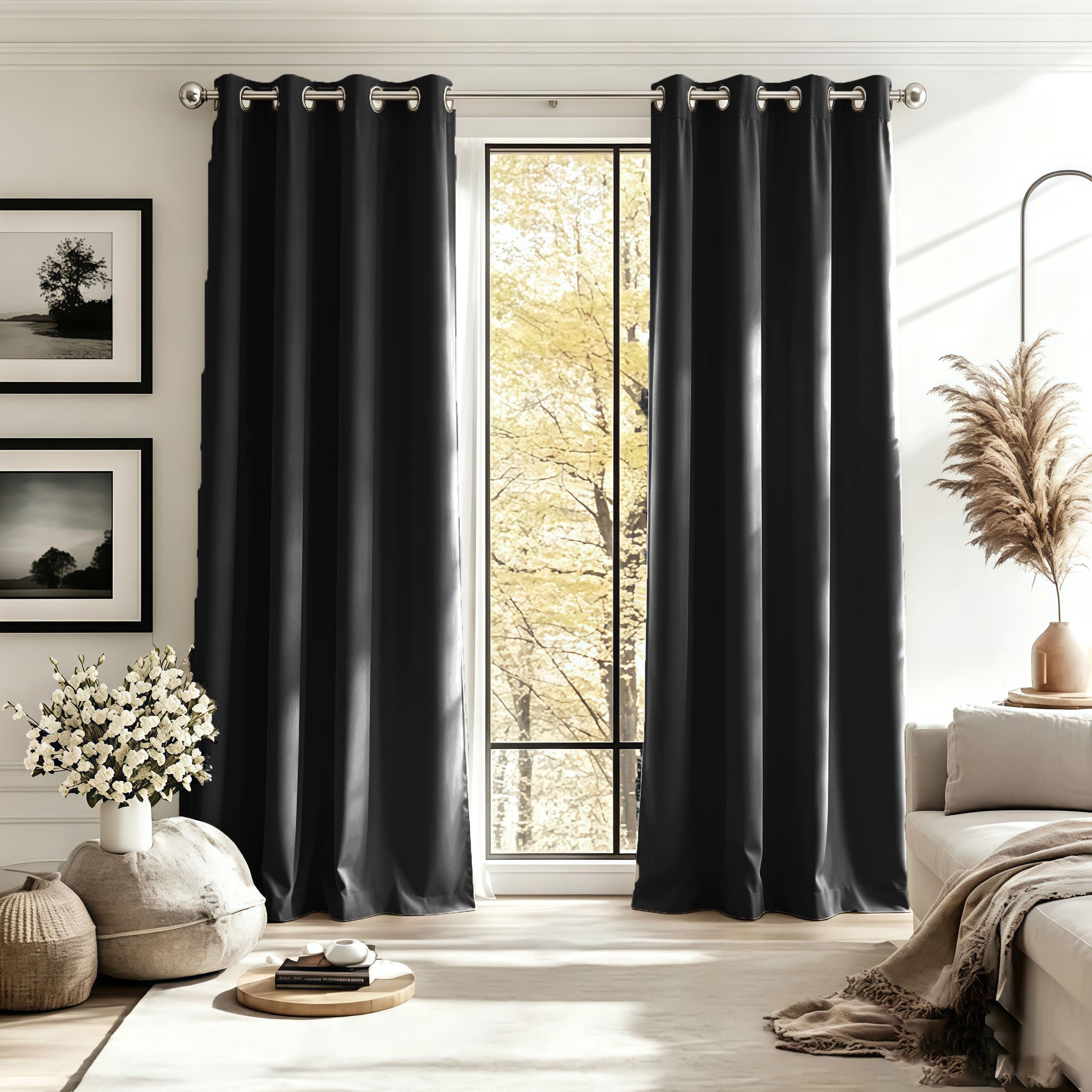 LIUJYUAN Black Out Curtain 165 x 160 cm Privacy Protection, Rod Pocket, with Eyelet Eyelet Curtain, Window Thermal Insulated Energy for Balcony, Kithcen Window, Black