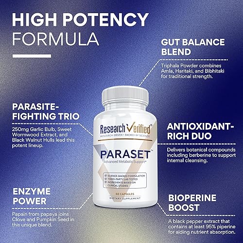 Miniatura 3 de Research Verified Paraset - 60 cápsulas - Potenciador natural de la salud intestinal - Bulbo de ajo, papaína, ajenjo dulce, nogal negro, BioPerine -