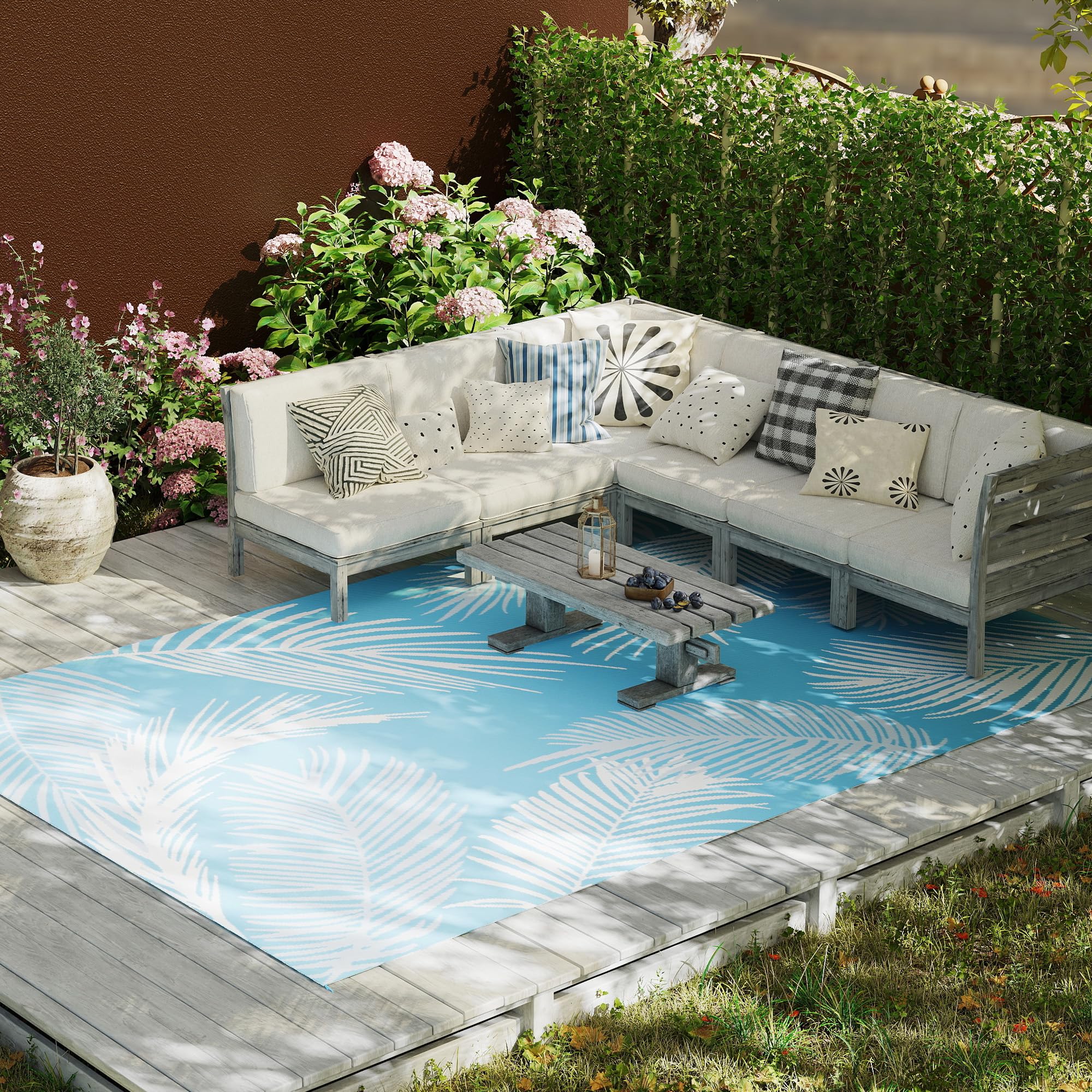 Outsunny Tapis d'extérieur réversible 274x182 cm, Tapis de Sol en PP, Portable et résistant aux intempéries, Sac de Transport Inclus, pour terrasse, Patio, Balcon, Bleu