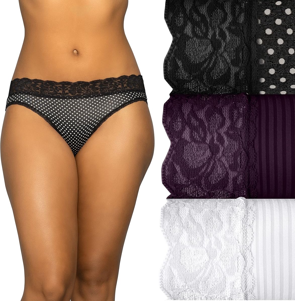 Vanity Fair Womens Flattering Lace Panties Underwear, Bikini - 3 Pack Premium Dot/Sangria/White Stripe, XX-Large US