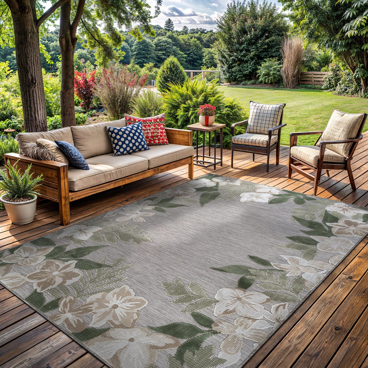 Outdoor Rug 9x12 Washable Area Rugs Indoor Outdoor Carpets Green Border Floral Non Shedding Waterproof Easy Clean Patio Deck Porch Living Room Bedroom