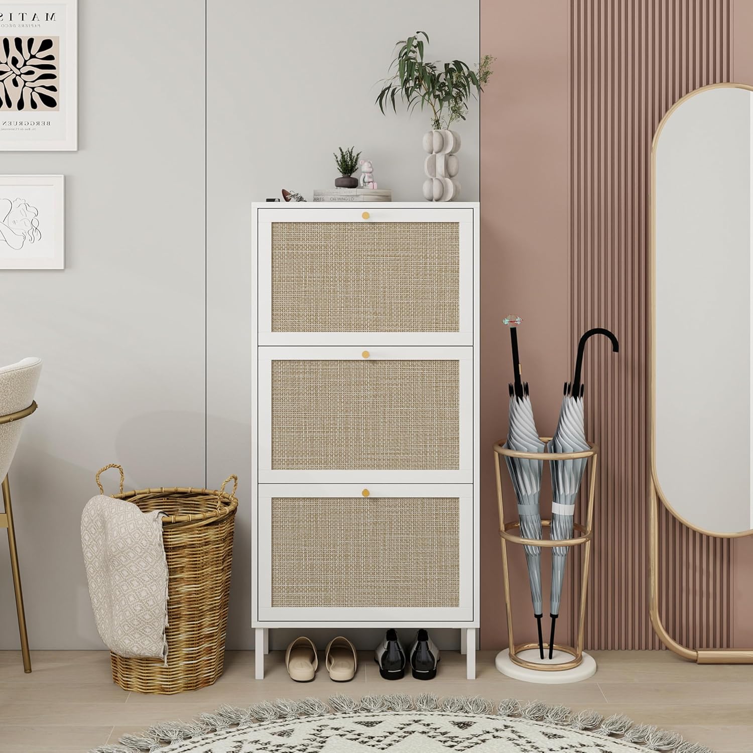 Rattan Shoe Storage Cabinet with 3 Flip Drawers, Modern Slim Wooden Shoe Rack Cabinet for Entryway, Boho Freestanding Narrow Shoe Organizer with Doors for Hallway, White