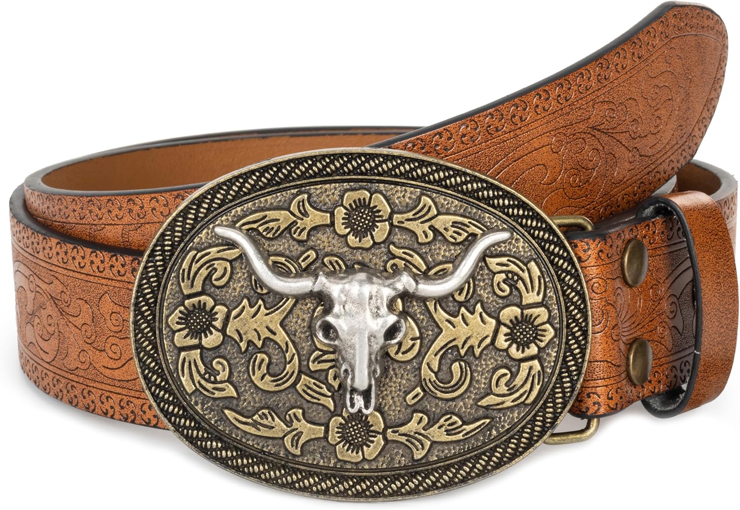 Mens Western Cowboy Belt Vintage Embossed Leather Belt With Longhorn Cow Pattern Buckle Fit 25" to 38" Waist