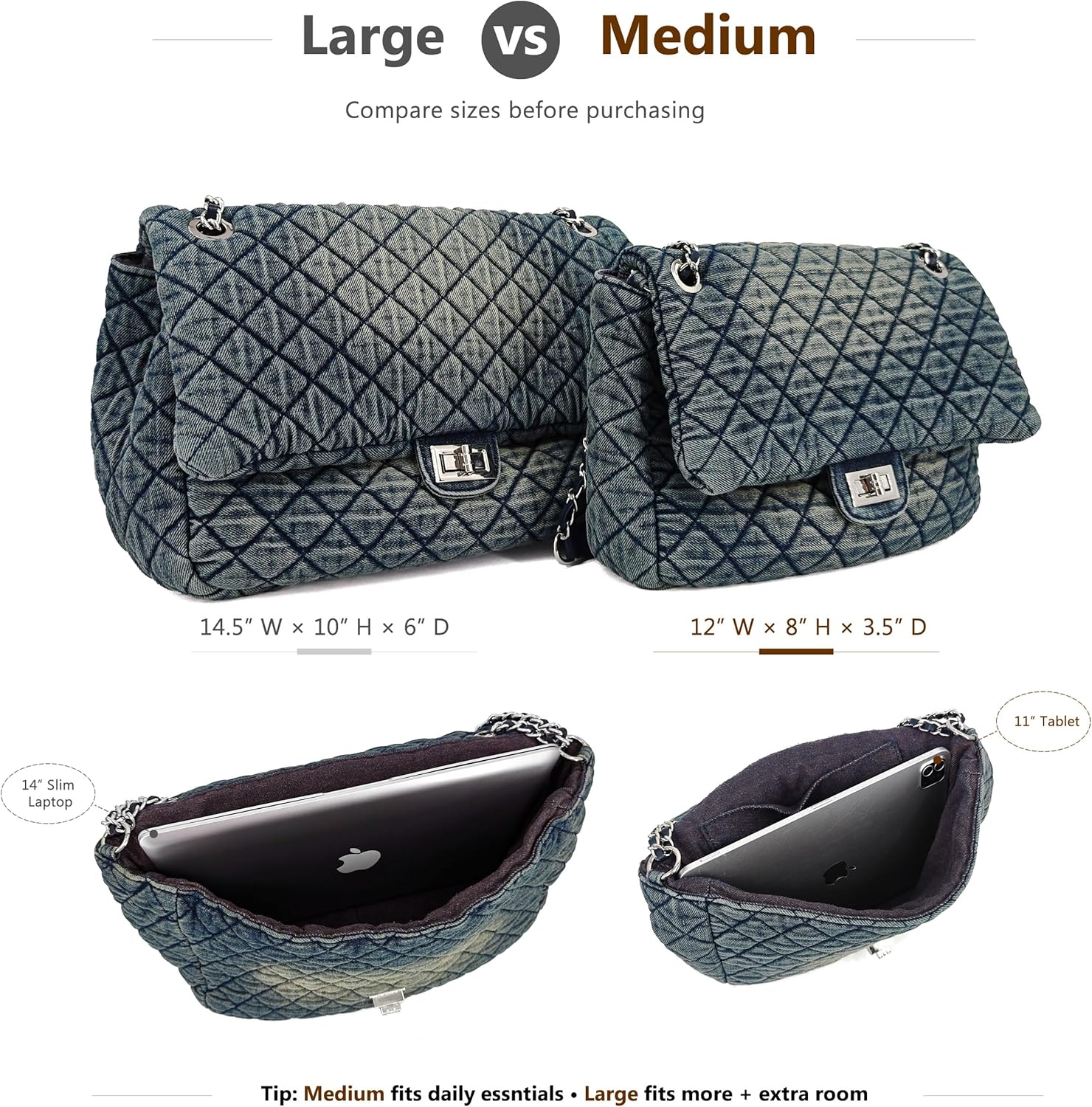 M-ioi-M Quilted Denim Purse, Shoulder Bag for Women, Crossbody Flap Tote Bag,Silver Chain Hobo Bag, Vintage Washed Jean Purse