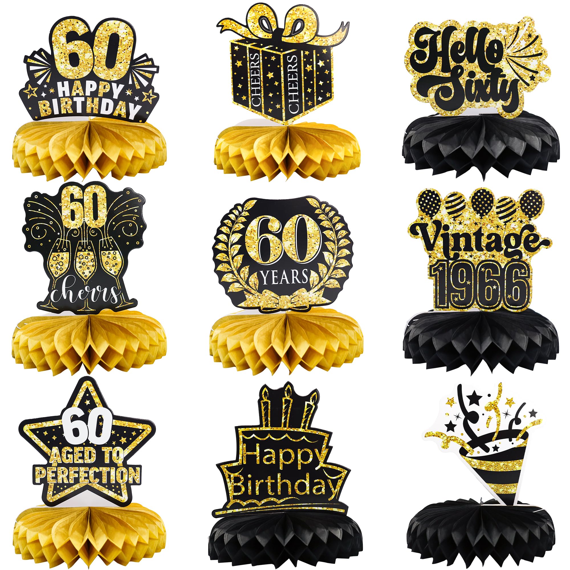 Ephlyn 9Pcs 60th Birthday Honeycomb Centerpieces Hello 60th Birthday Party Decorations Cheers to 60 Years Anniversary Table Toppers Straight Outta 1966 Table Decorations for Men Women Birthday Decors
