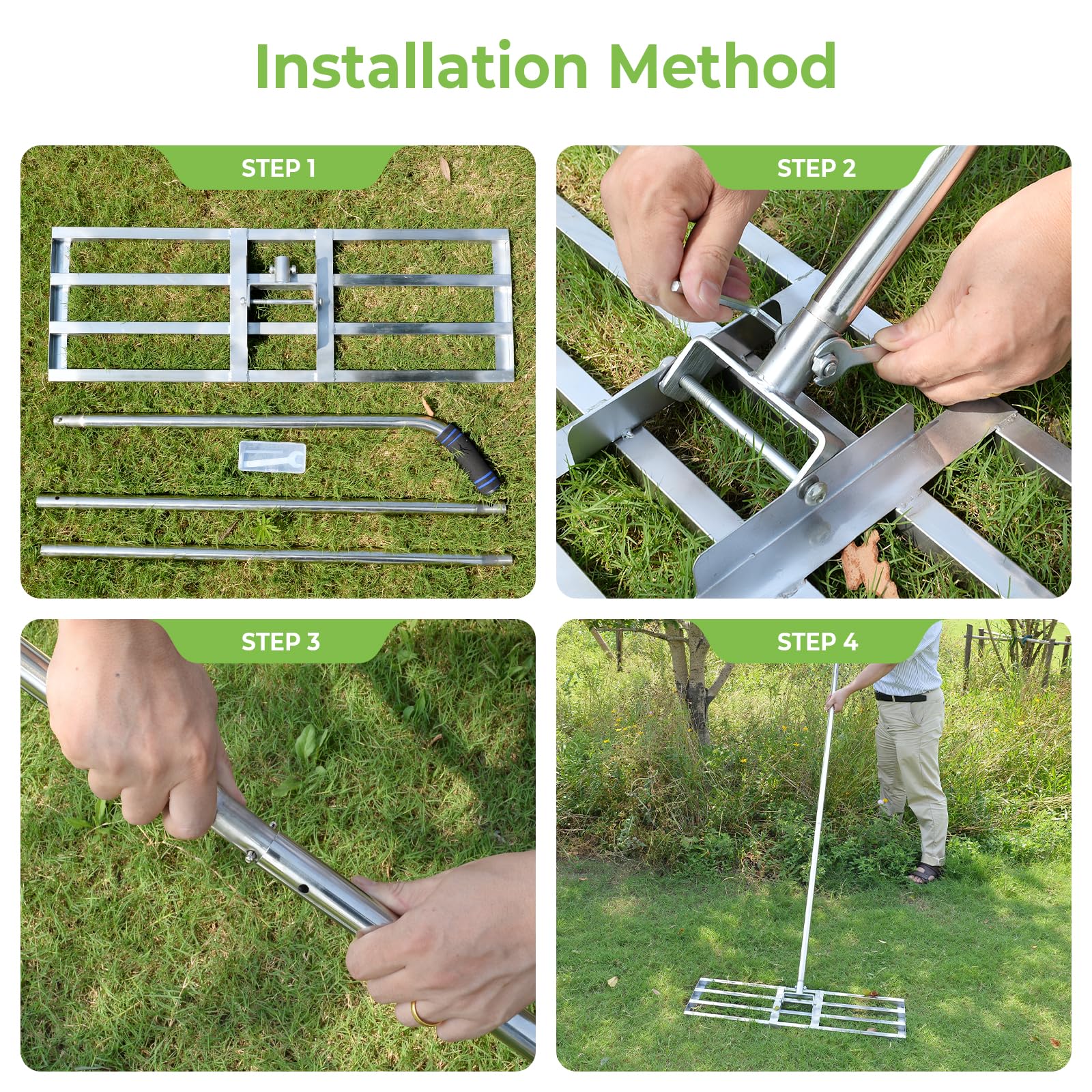 Rasenrakel 72x25cm Edelstahl Rasen Nivellierrechen mit Verstellbarem Stiel 195cm Rasenrechen für Garten Hof Golfplatz Rasenpflege