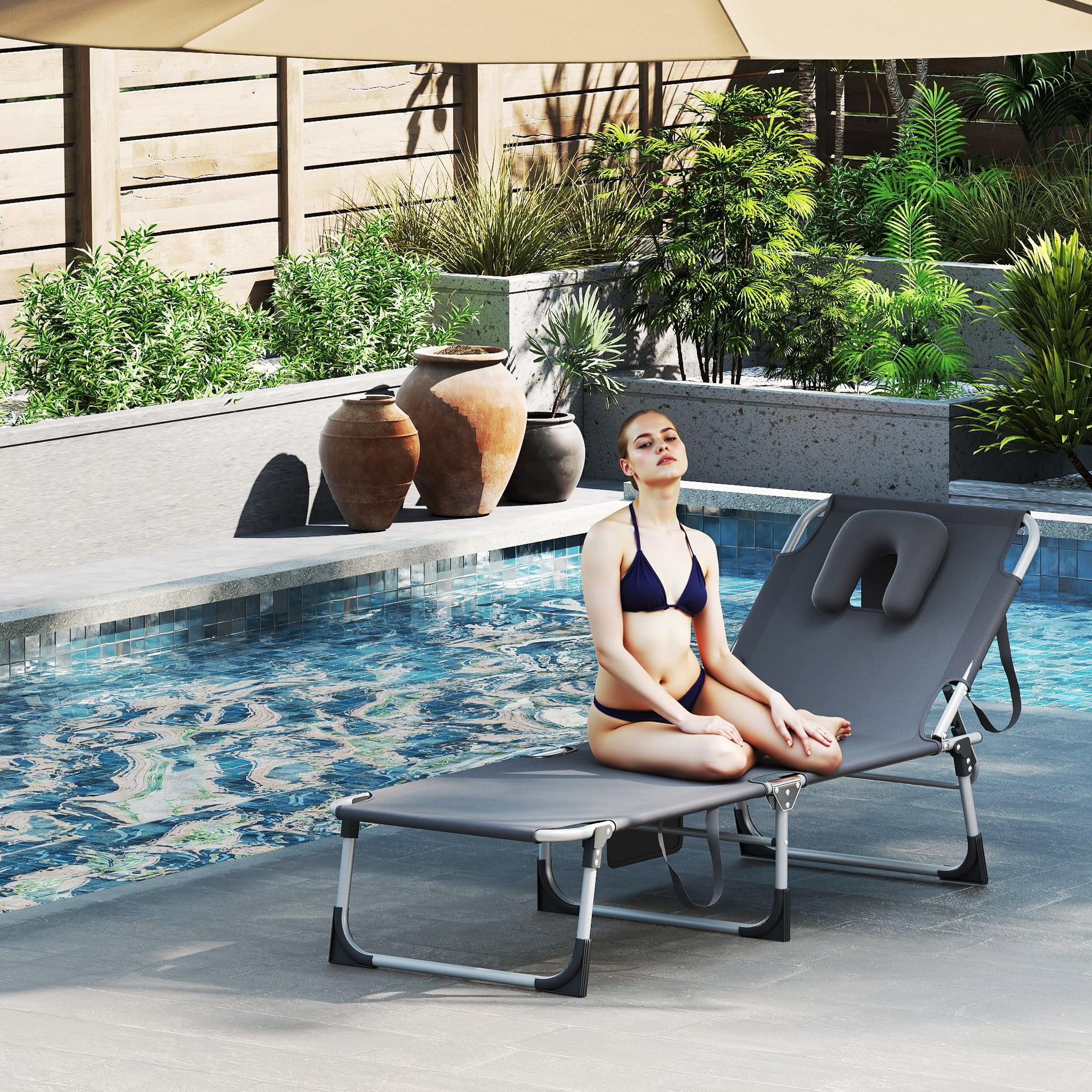 YRHome Klappbare Sonnenliege mit Loch für Kopf - 4-Fach verstellbare Gartenliege & Strandliege - Mit praktischem Tragegriff für Camping, Terrasse & Strand Relaxliege für Sonnenanbeter Dunkelgrau