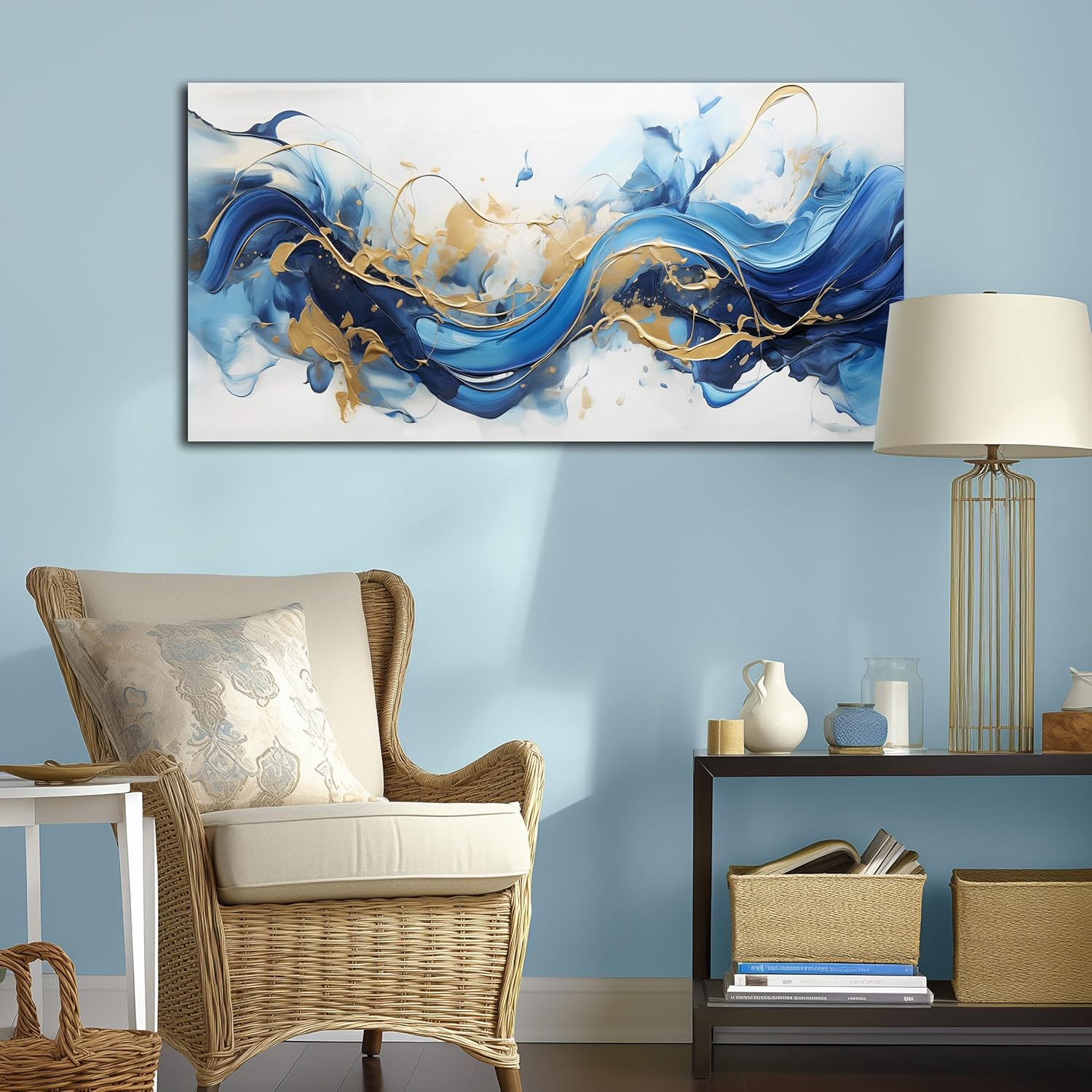 AUUZAIUA Abstract Canvas Wall Art for Living Room Blue and Gold Fluid Wave Pictures Modern Artwork for Bedroom Office Canvas Prints 20x40 Inches