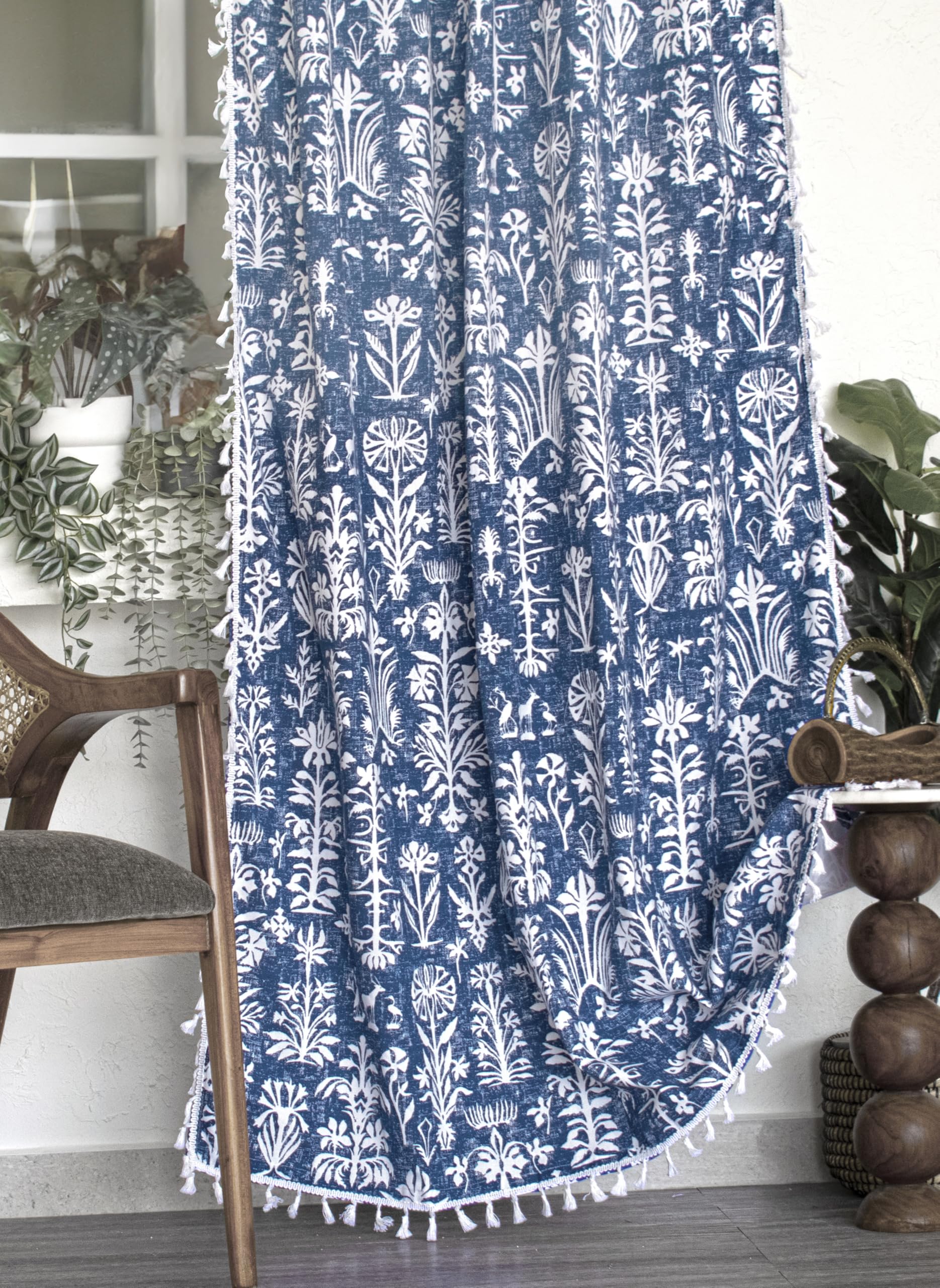 Tranquebar Curtain Co. Window Curtains 5 Feet, Cotton Curtains, 60-65% Room Darkening, Blue Botanical Print, Blue Curtains, BackTabs, Design Cairo (152 cm) - 1 Piece