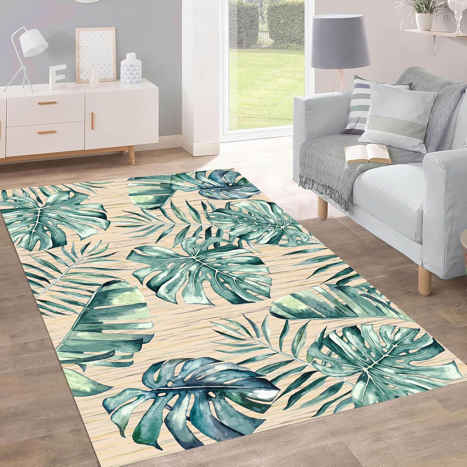 2x3ft Tropical Palm Leaf Area Rug - Green Plant Pattern, Non-Slip Washable Carpet for Living Room Bedroom, Bohemian Soft Durable Floor Mat, Indoor and Outdoor Decorative Carpet