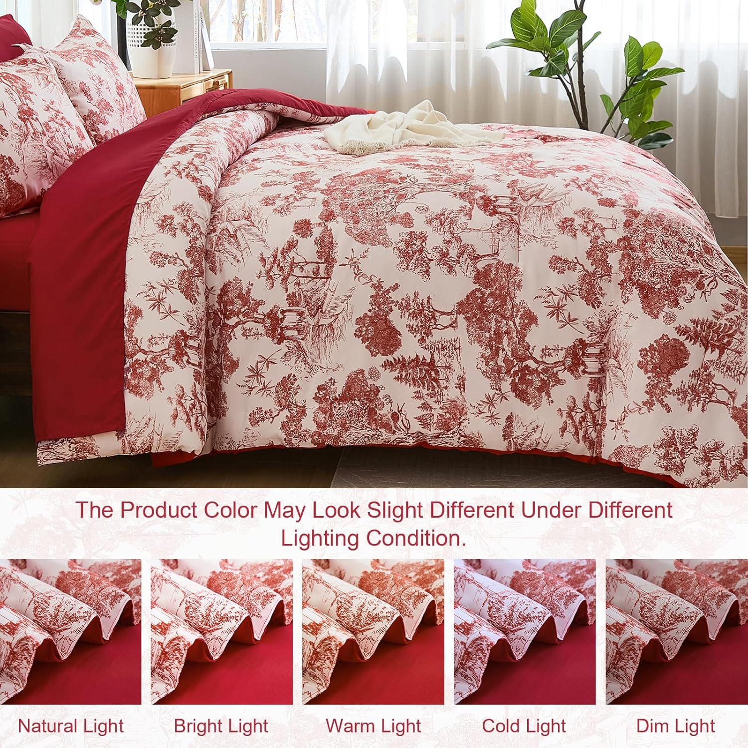 DJY King Size Comforter Set, Red 7 Pieces Bed in a Bag King Botanical Comforters with Sheets Elegant Plants Print Christmas Soft Microfiber Reversible Complete Bedding Sets for All Season
