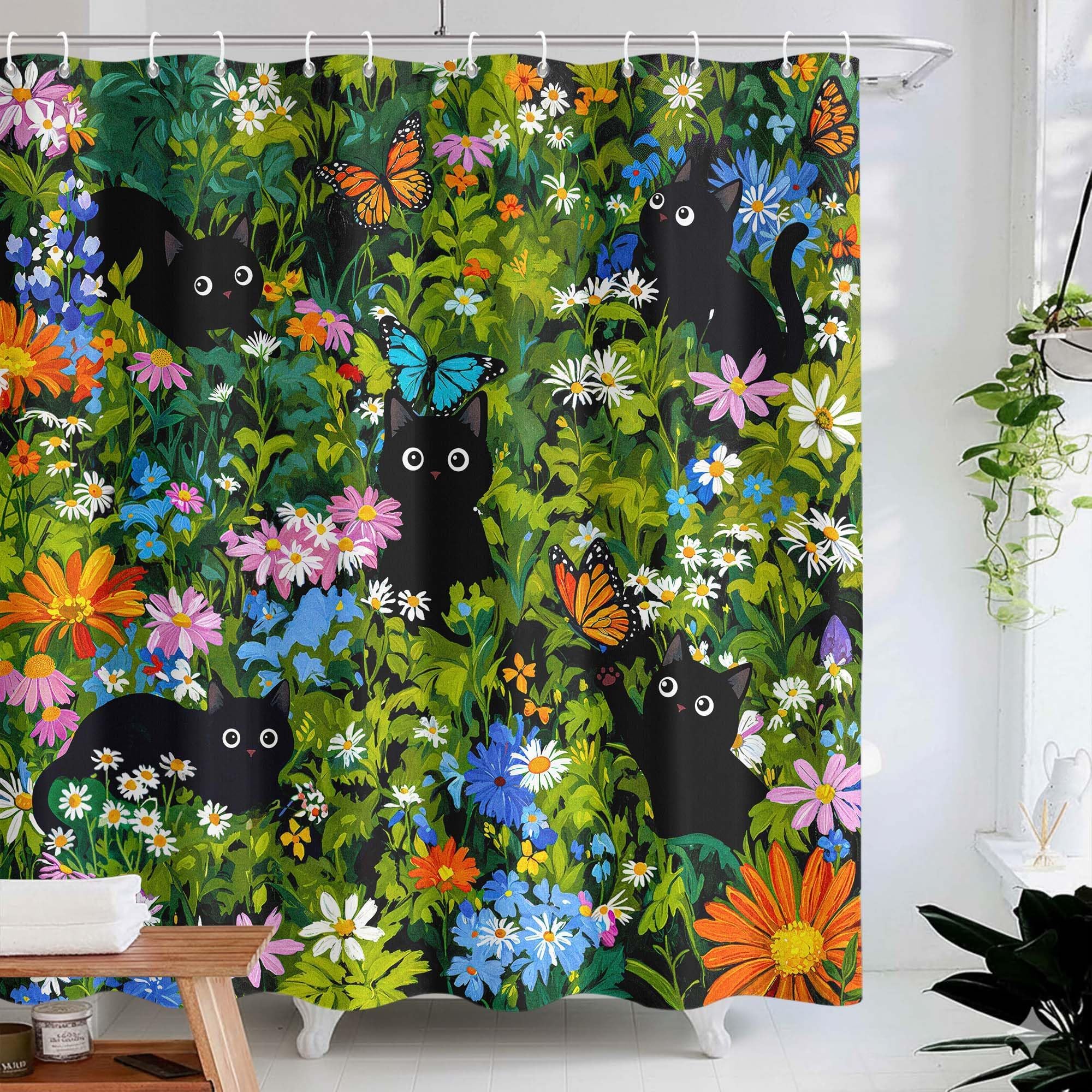 Leeisysme Cute Cat Floral Shower Curtain, Funny Colorful Whimsical Kitty Wildflower Garden Pretty Girly Unique Shower Curtains for Bathroom Decor, 72x72 inch