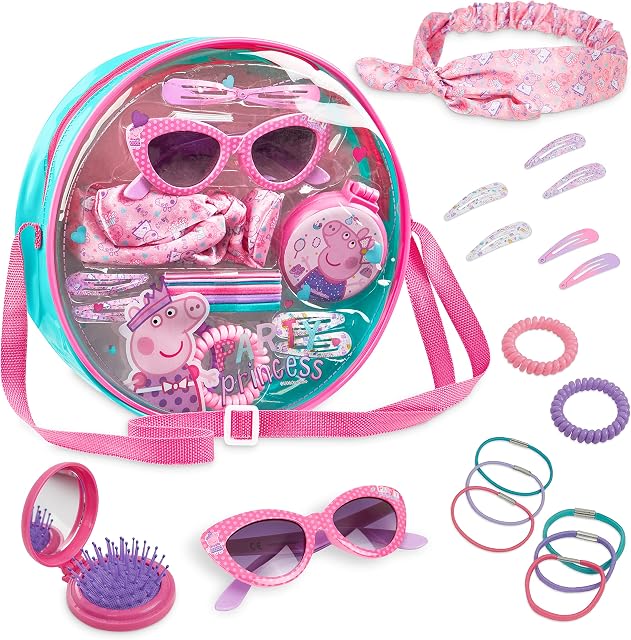 Peppa Pig Shoulder Bag Girls, Hair Accessories for Girls, Headband Hair Clips Sunglasses Hair Brush and Mirror Set