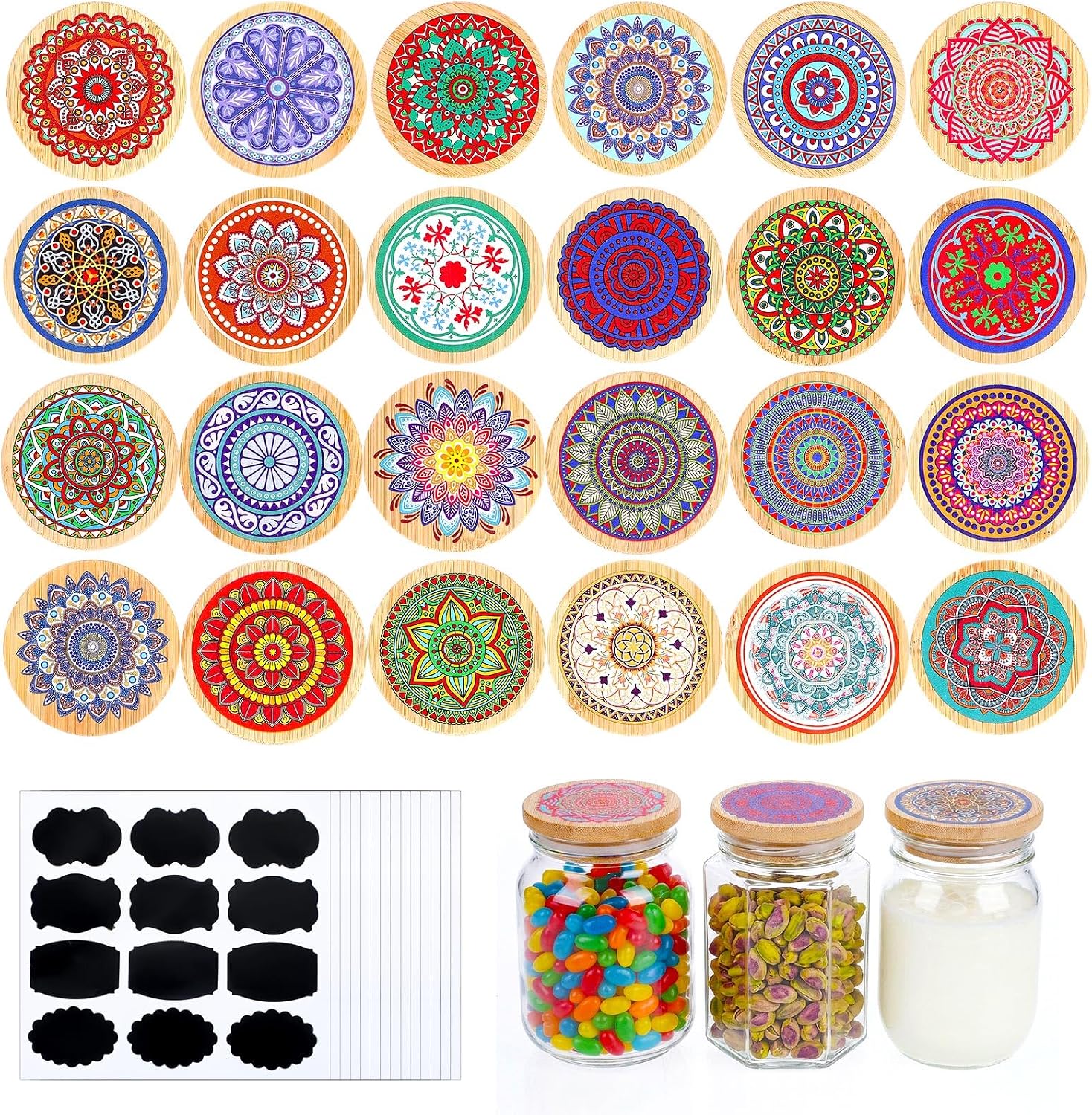 24 Pcs Oui Yogurt Jar Lids Reusable Bamboo Wooden Mandala Pattern Lids with Silicone Sealing Rings and 24 Bottle Label Compatible with Yogurt Cookie Spice Coffee Bean Jars