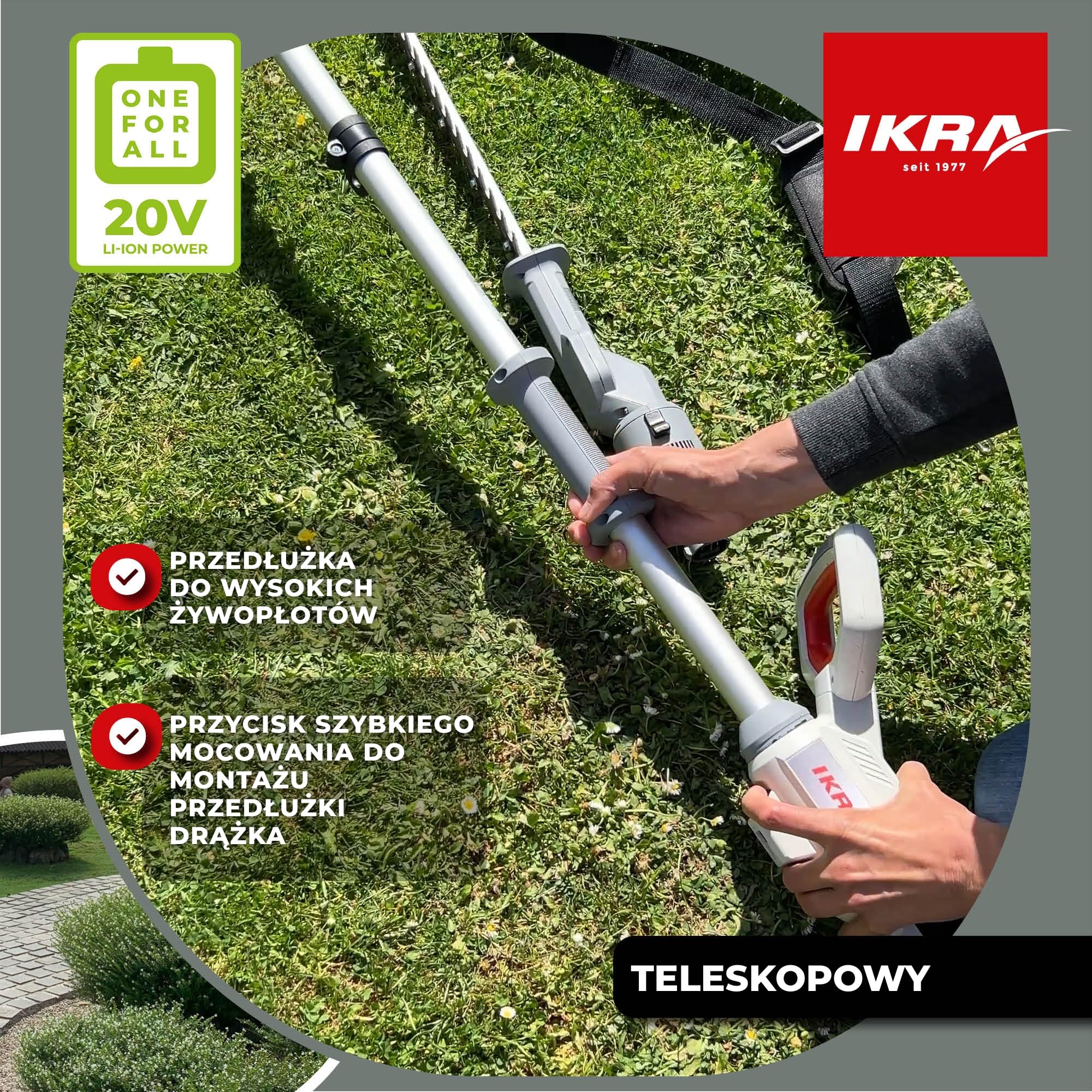 IKRA 2w1 Nożyce do żywopłotu ICPH 2050, 2 akumulatory, szybka ładowarka | Do zwykłych żywopłotów lub wysokich z funkcją teleskopową, pasek na ramię, kompatybilna z systemem akumulatorow IKRA 20 V