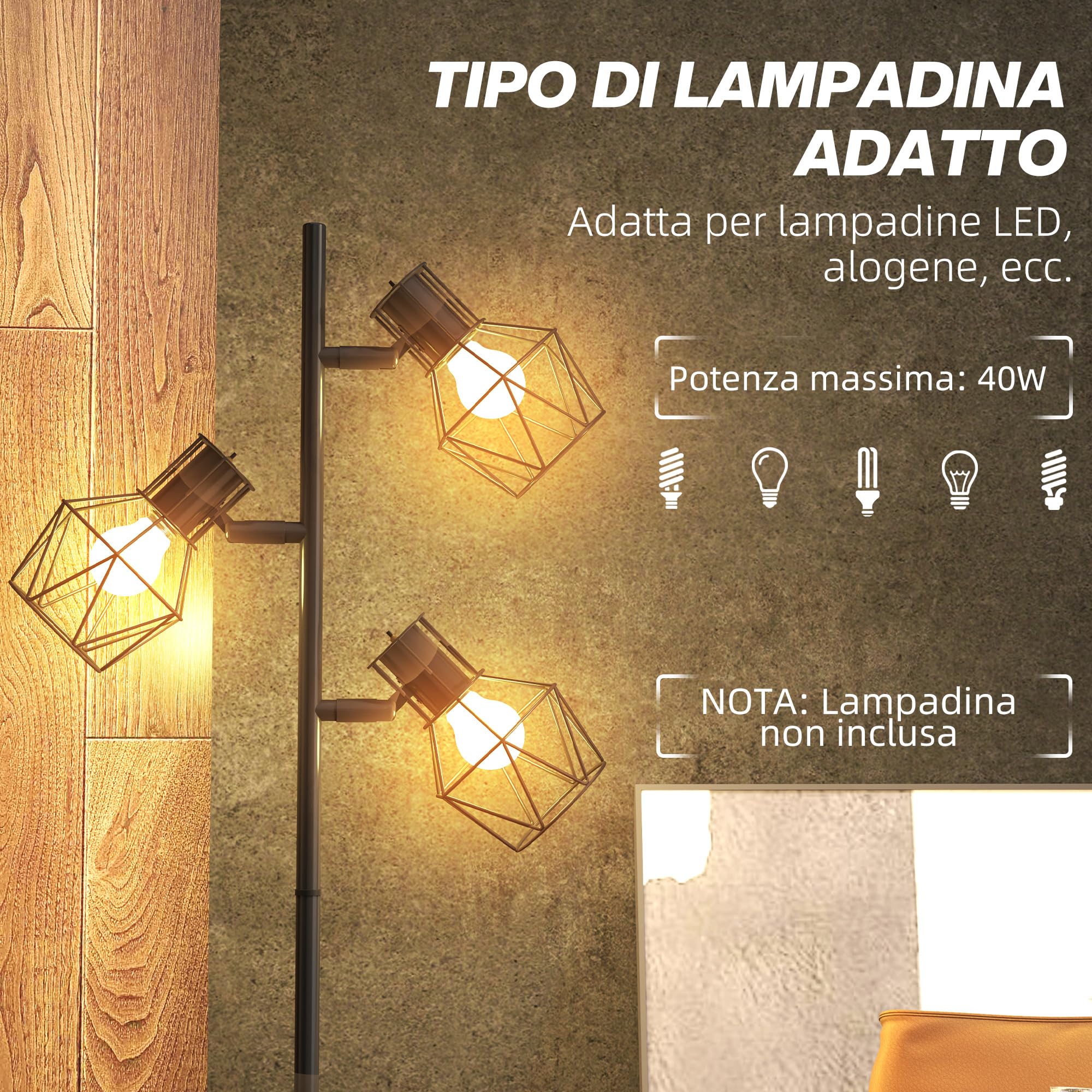 HOMCOM Lampada da Terra 3 Luci Regolabili in Metallo 41x28x169 cm Nero