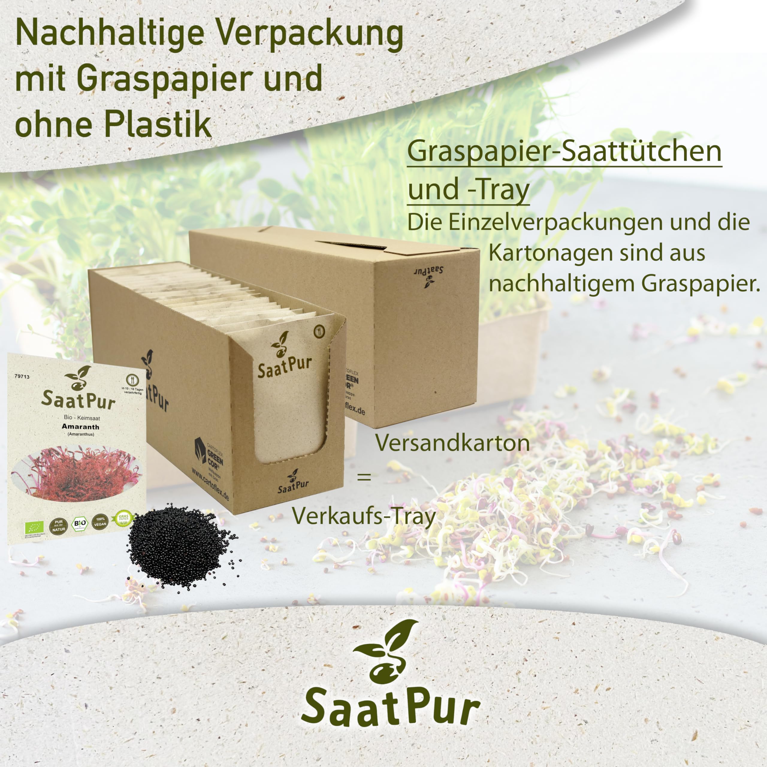Amarath BIO Keimsprossen von SaatPur - Keimsaat für die Sprossenzucht zuhause - Großes Tray mit 120 Portionstüten je 10g