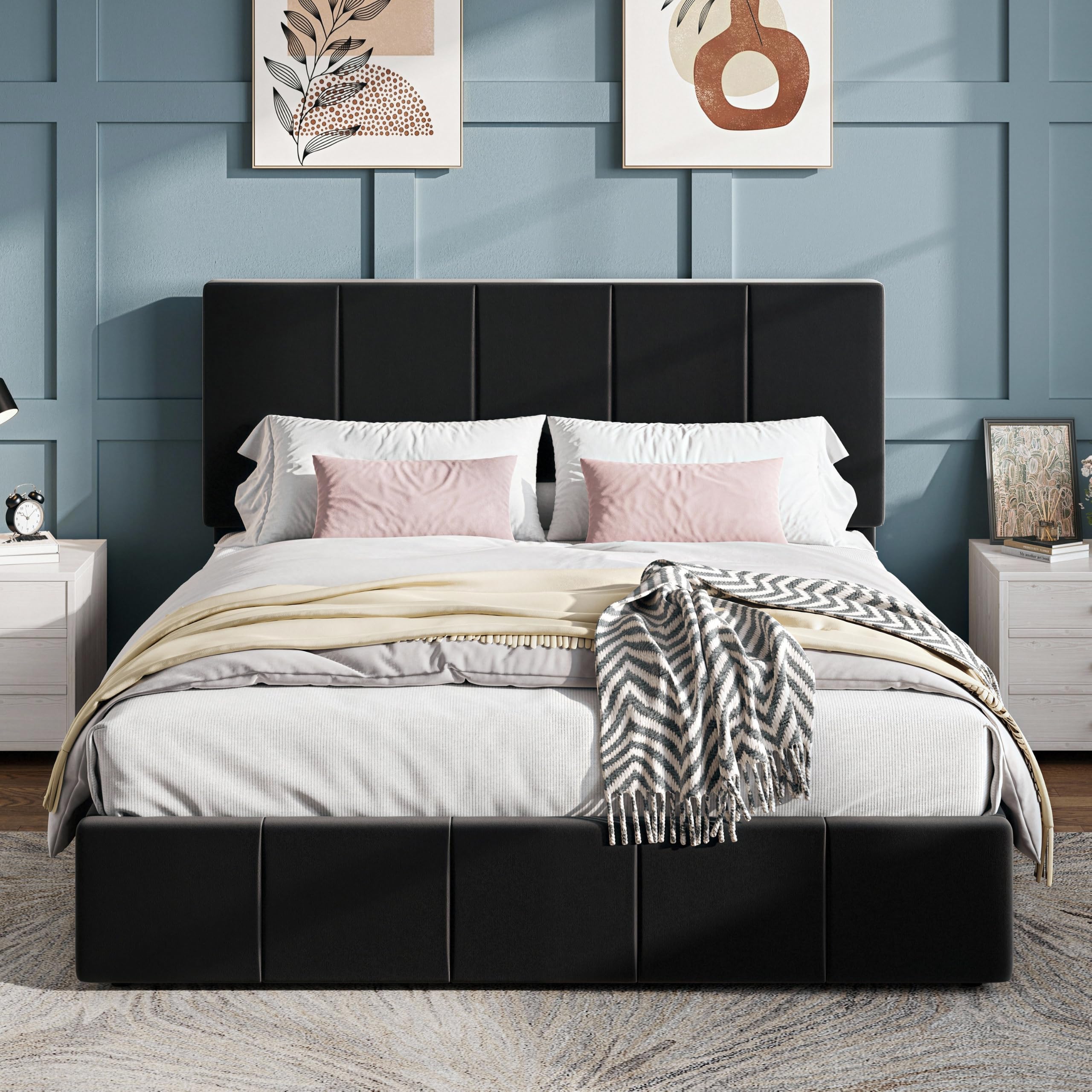 SHA CERLIN Queen velvet platform bed with adjustable headboard height